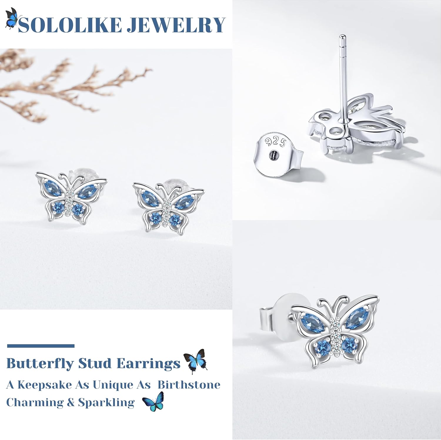 925 Sterling Silver Butterfly Earrings with Birthstone: Butterfly Stud Earrings Dainty Birthstones Studs Screw Back for Teens Loved Ones Birthday Mother's Day Christmas Jewelry Gifts - Image 2