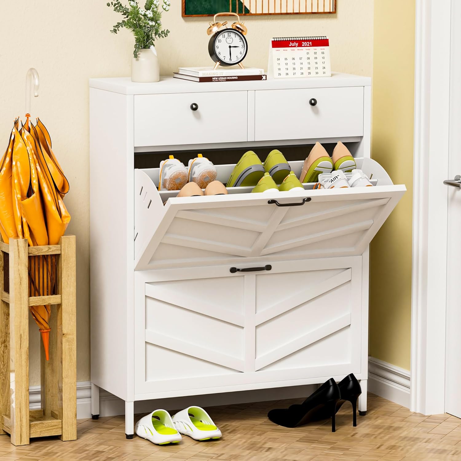 Metal Shoe Storage Cabinet for Entryway,White Shoe Cabinet with 2 Flip Drawers & 2 Top Drawers Hidden Slim Shoe Organizer Rack Freestanding Steel Entrance Shoe Cabinet with Legs for Hallway Front Door