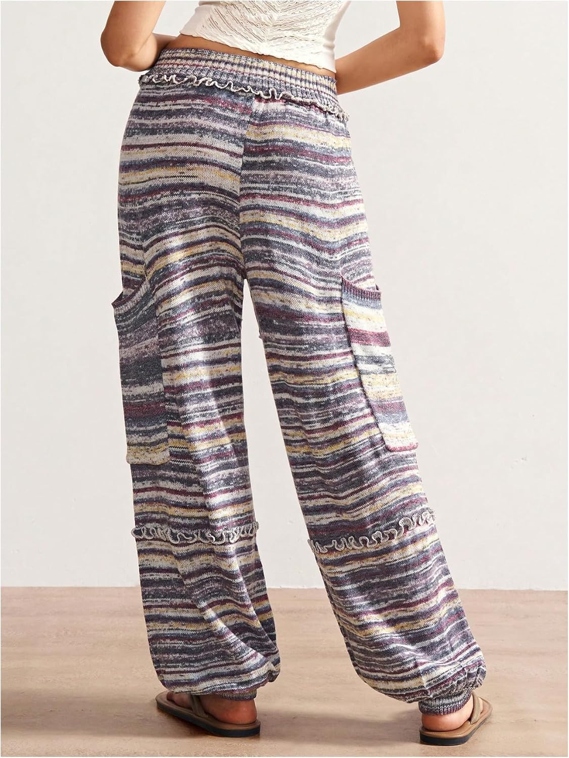 Women's Boho Striped Knit Harem Pants Elastic Waist Frill Hippie Trousers Joggers with Pockets - Image 3