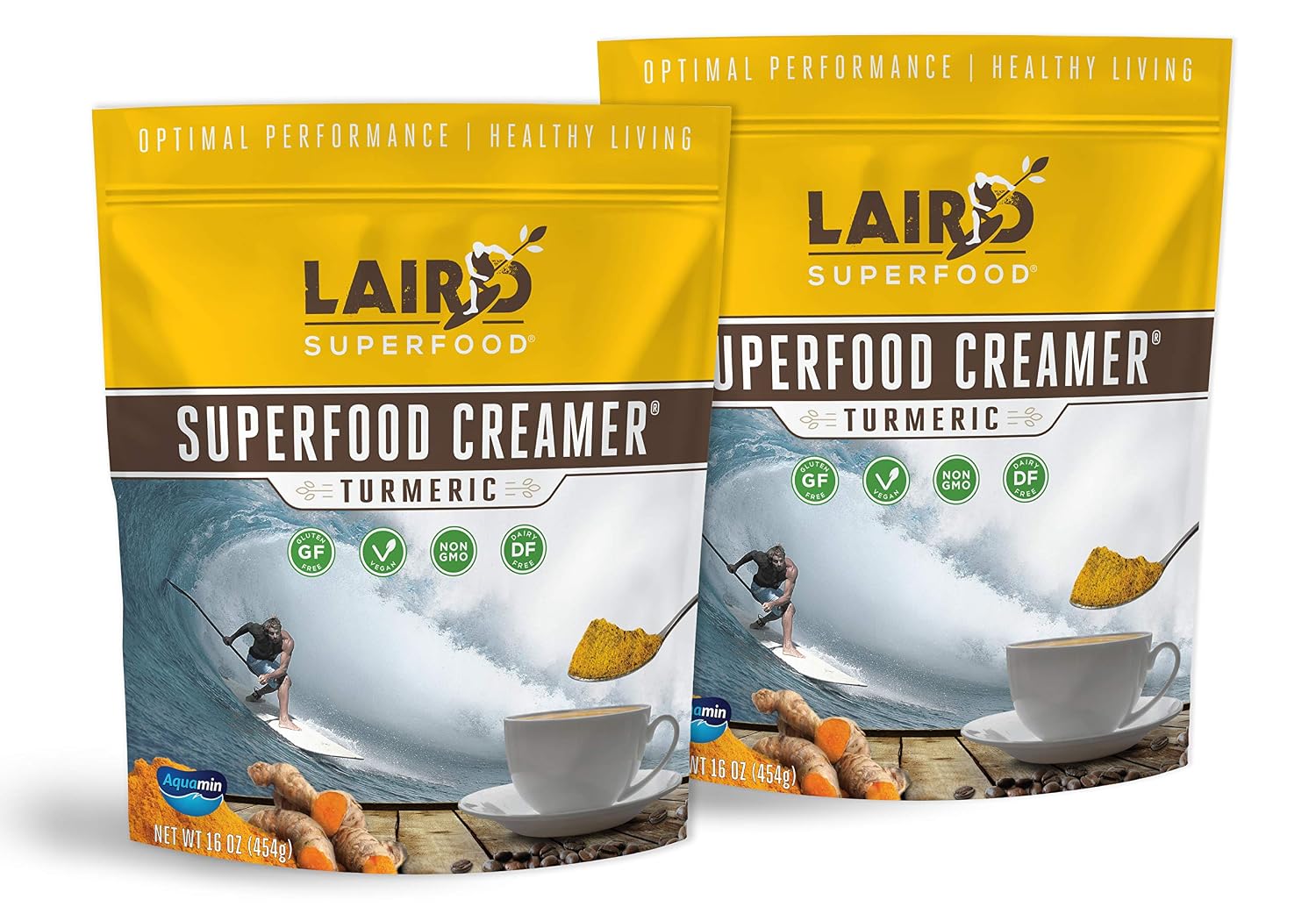 Laird Superfood Non-Dairy Original Superfood Turmeric Coconut Powder Coffee Creamer, Gluten Free, Non-GMO, Vegan, 16 oz. Bag, Pack of 2