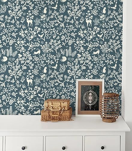 Miniatura 2 de HeloHo Papel tapiz de 16.1 x 118 pulgadas, diseño de hojas florales, color azul, verde, gris, para dormitorio, autoadhesivo, extraíble, impermeable,