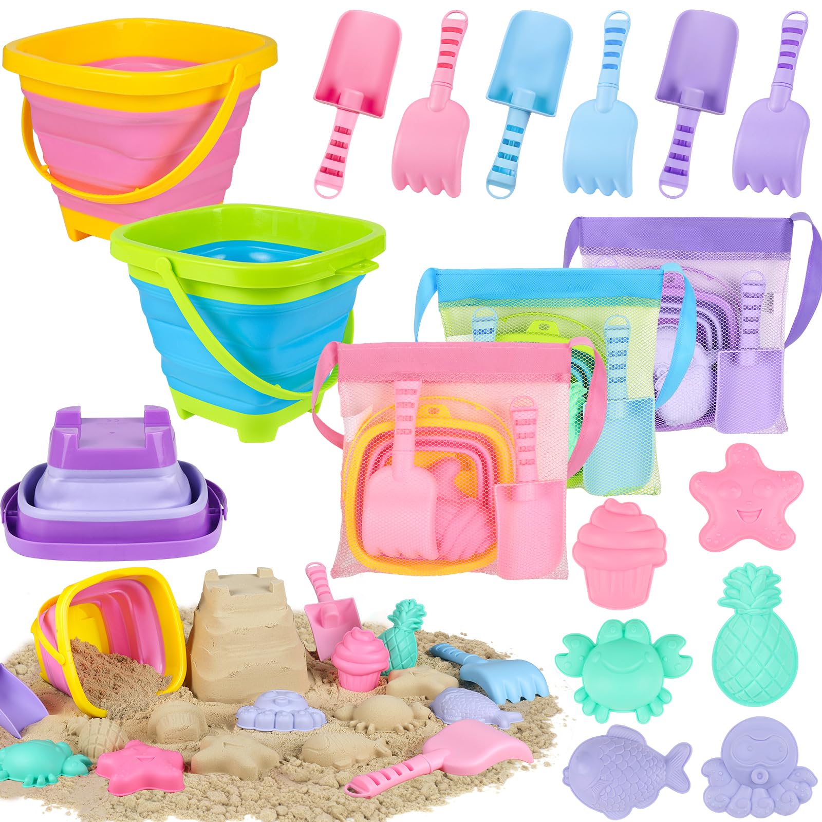 TSDATOWR Faltbares Strandspielzeug, 3 Silikon-Sandeimer für Kinder im Alter von 3–10 Jahren | Faltbare Eimer, Schaufeln, Formen und Netztasche für Strandutensilien, Sandkasten, Reisen, Multi-Szenen-Outdoor-Spielen