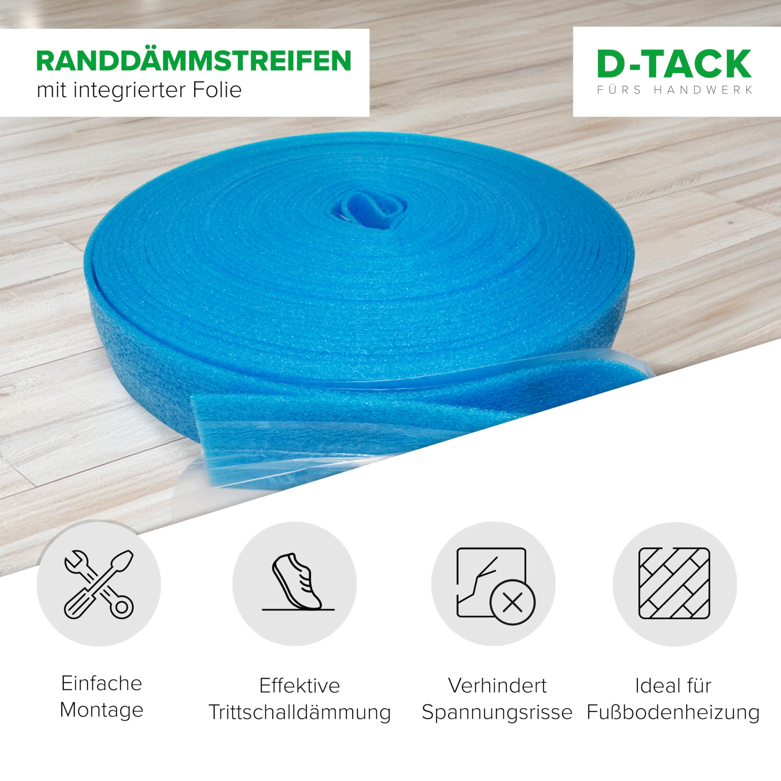 D-TACK Randdämmstreifen Folie | 8 x 100 mm | 50 m Rolle | Dämmstreifen für Estrich & Fußbodenheizung | Dehnfugenband & Trennstreifen für Boden- & Wandanschluss