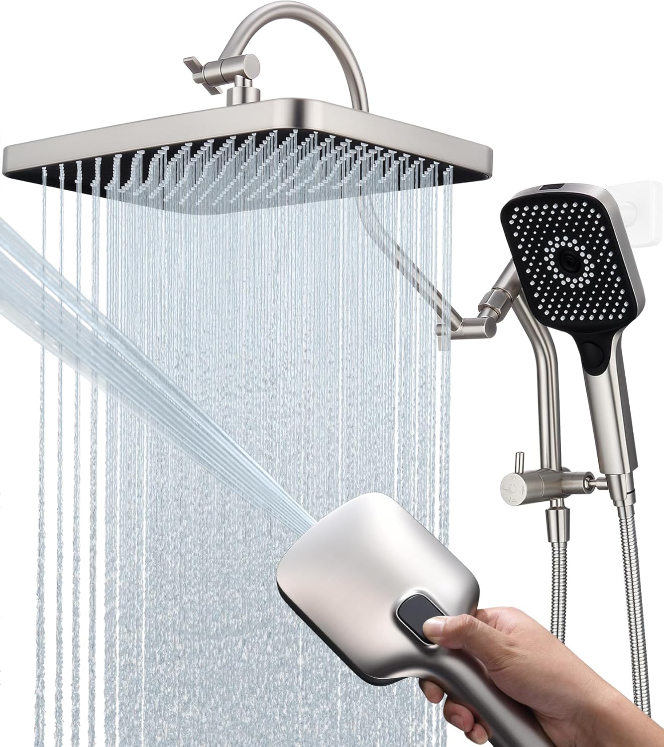 13 Inch Rainfall Shower Head with Multi-Function Handheld Sprayer Combo, 3-Way Metal Extended Diverter with Holder and Metal Adjustable Curved Shower Extension Arm, Extra Long Hose Brushed Nicke