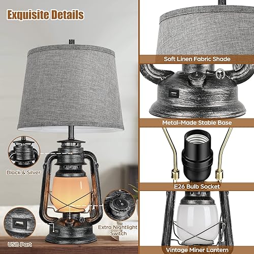 Miniatura 5 de Juego de 2 lámparas de mesa para dormitorios, lámparas de mesita de noche táctiles regulables de 3 vías con puerto USB, lámparas de granja para sala