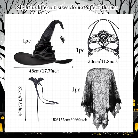LaVenty Halloween Witch Dress Up Cobweb Cape Witch Magic Hat