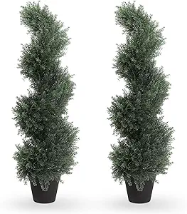 THE BLOOM TIMES 3ft Spiral Artificial Topiary Trees Set of 2, 36 inch Faux Cedar Trees for Outdoor Planters - Fake Twist Cypress Plants for Garden Front Porch Indoor Outside Decor 3 Foot
