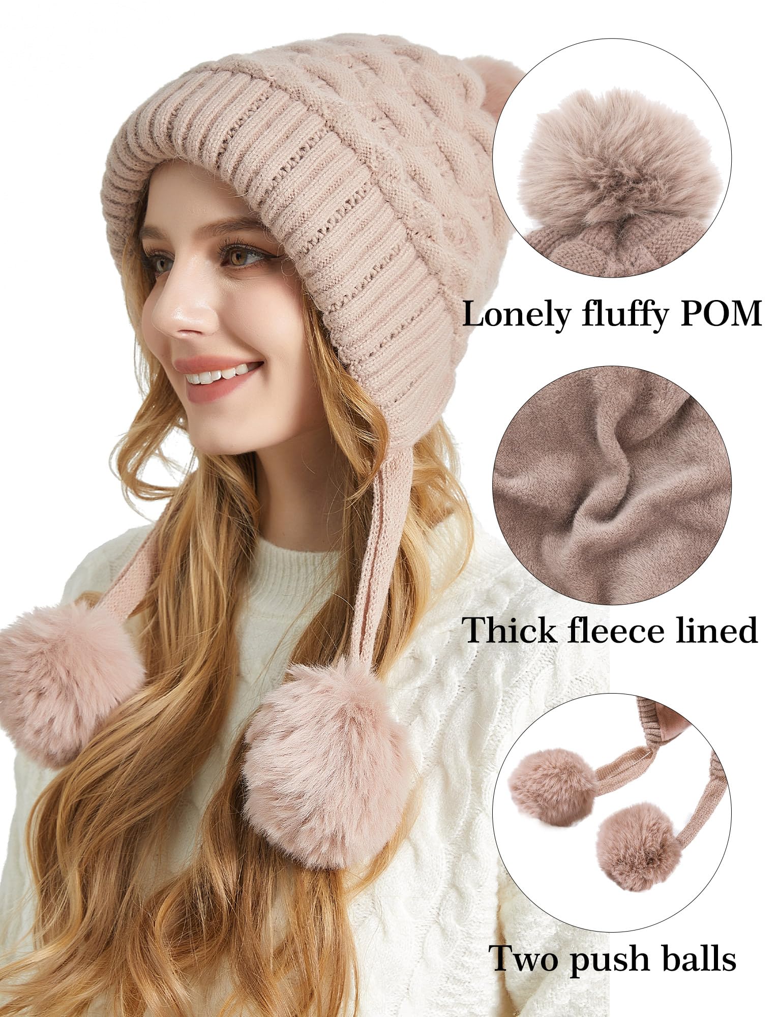 SEAUR Bonnet d'hiver souple pour femme avec doublure en polaire - Cagoule chaude - Avec cordon de serrage, B rose., taille unique