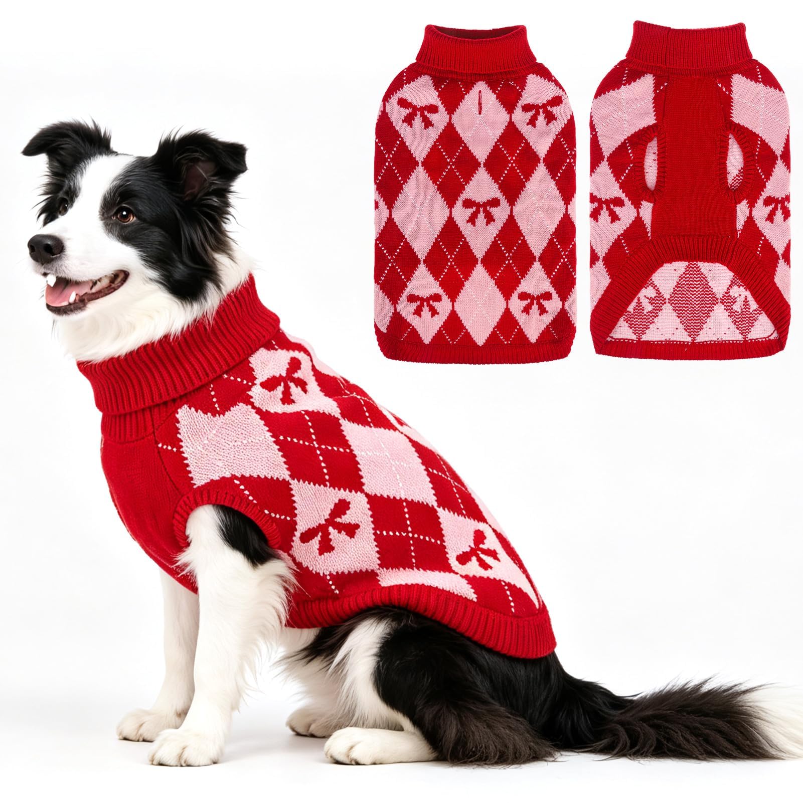 EXPAWLORER Turtleneck Knitted Dog Jumper in Argyle, Bow L