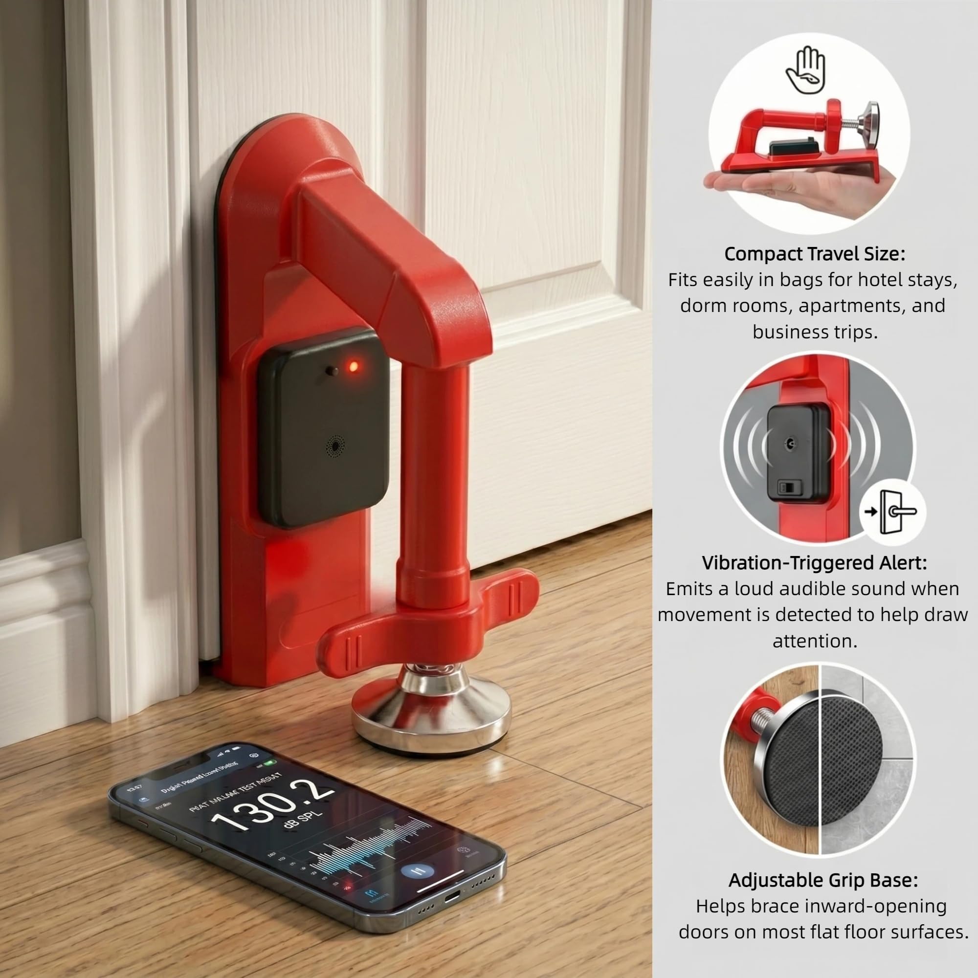 Tragbares Türschloss für Reisen mit 80 dB Alarm, Türstopper-Gerät, Anti-Diebstahl-Türblocker für Hotel, Reisen, Wohnung, Zuhause, ohne Bohren, mit Tragetasche und Ersatzbatterien