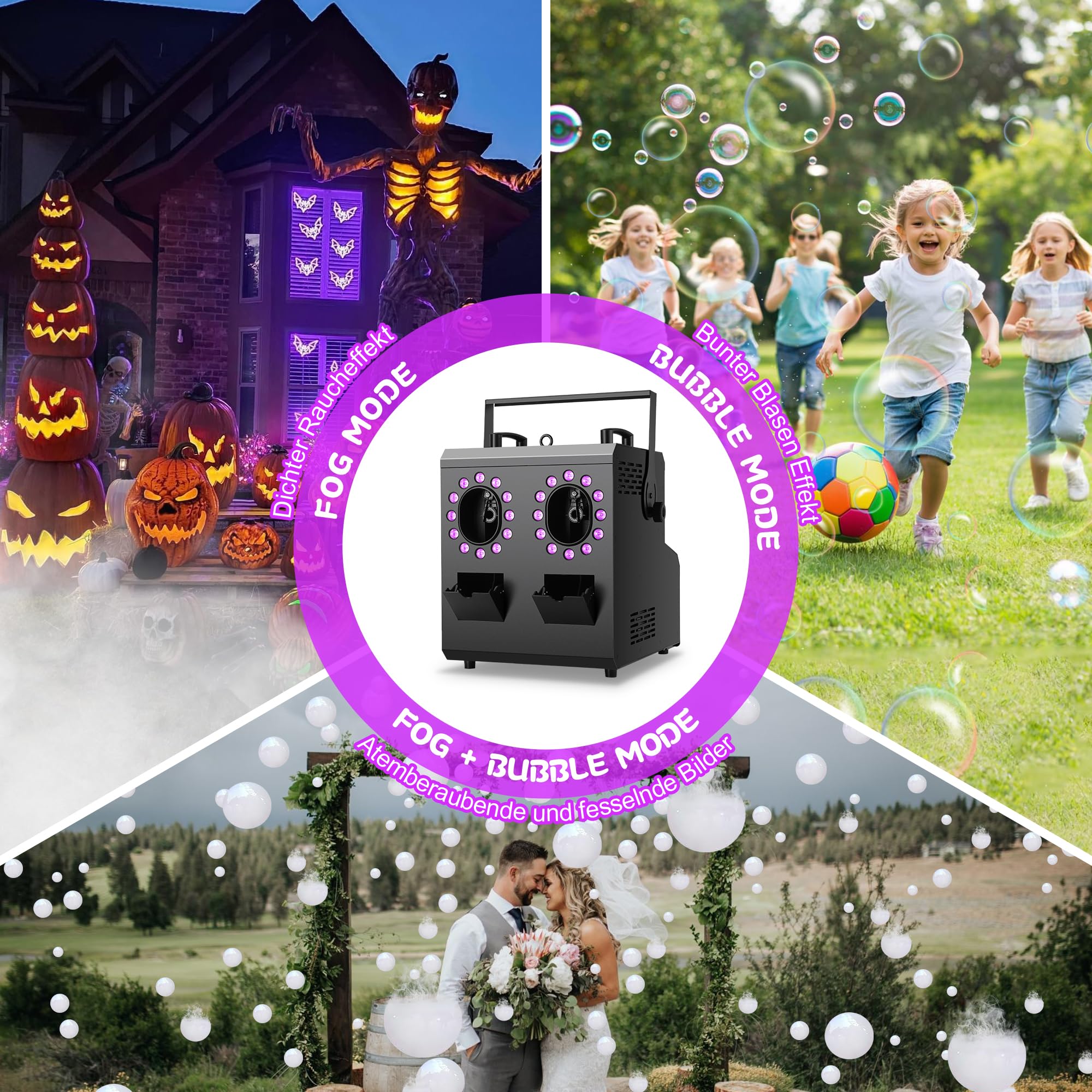 Telbum Nebelmaschine mit Fernbedienung,1500W 24LED RGBW 3IN1 Nebelblasenmaschine DMX,Rauchmaschine mit Blasen,Fog Bubble Machine,Seifenblasenmaschine,Rauchblasenmaschine für Party DJ Bühne Hochzeit