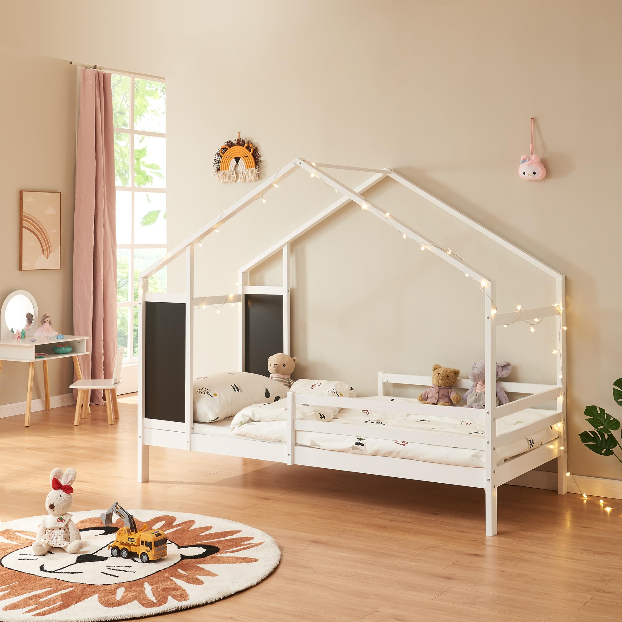[en.casa] Cama Montessori Lorenskog en Forma de Casa Cama Infantil con Protección contra Caídas y Somier máx. 100 kg Madera de Pino 90 x 200 cm - Blanco