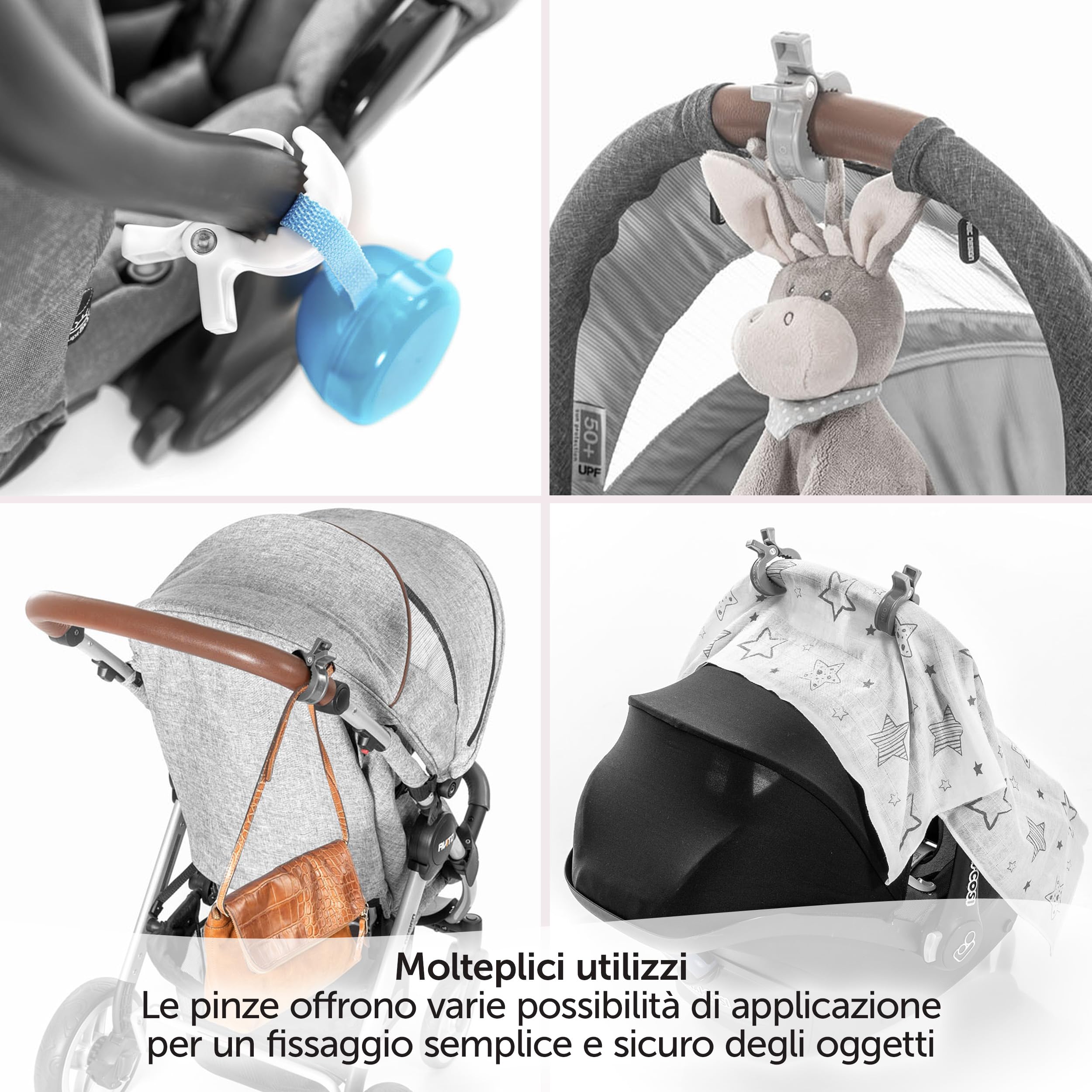 Zamboo Set di Mollette Passeggino - Pacco da 6 Ganci Passeggino Universali per il Fissaggio Facile e Veloce di Accessori Passeggino - Bianco Grigio