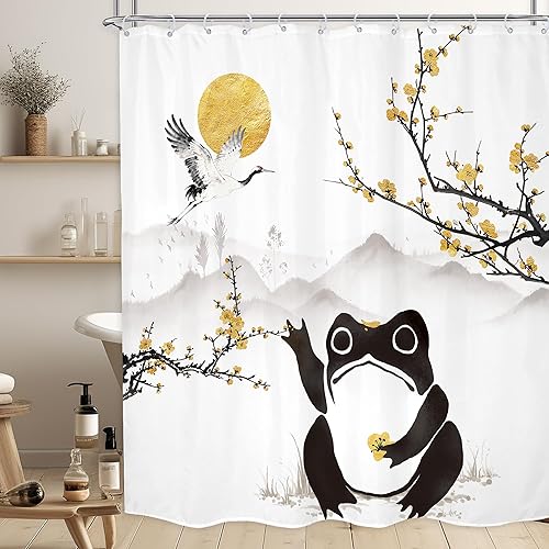 Miniatura 12 de LGhtyro Cortina de Ducha Divertida de Rana Juego de Baño 60Wx71H Pulgadas Retro Lindo Animal Asiático Estilo Tradicional Japonés Fideos Sombrero de
