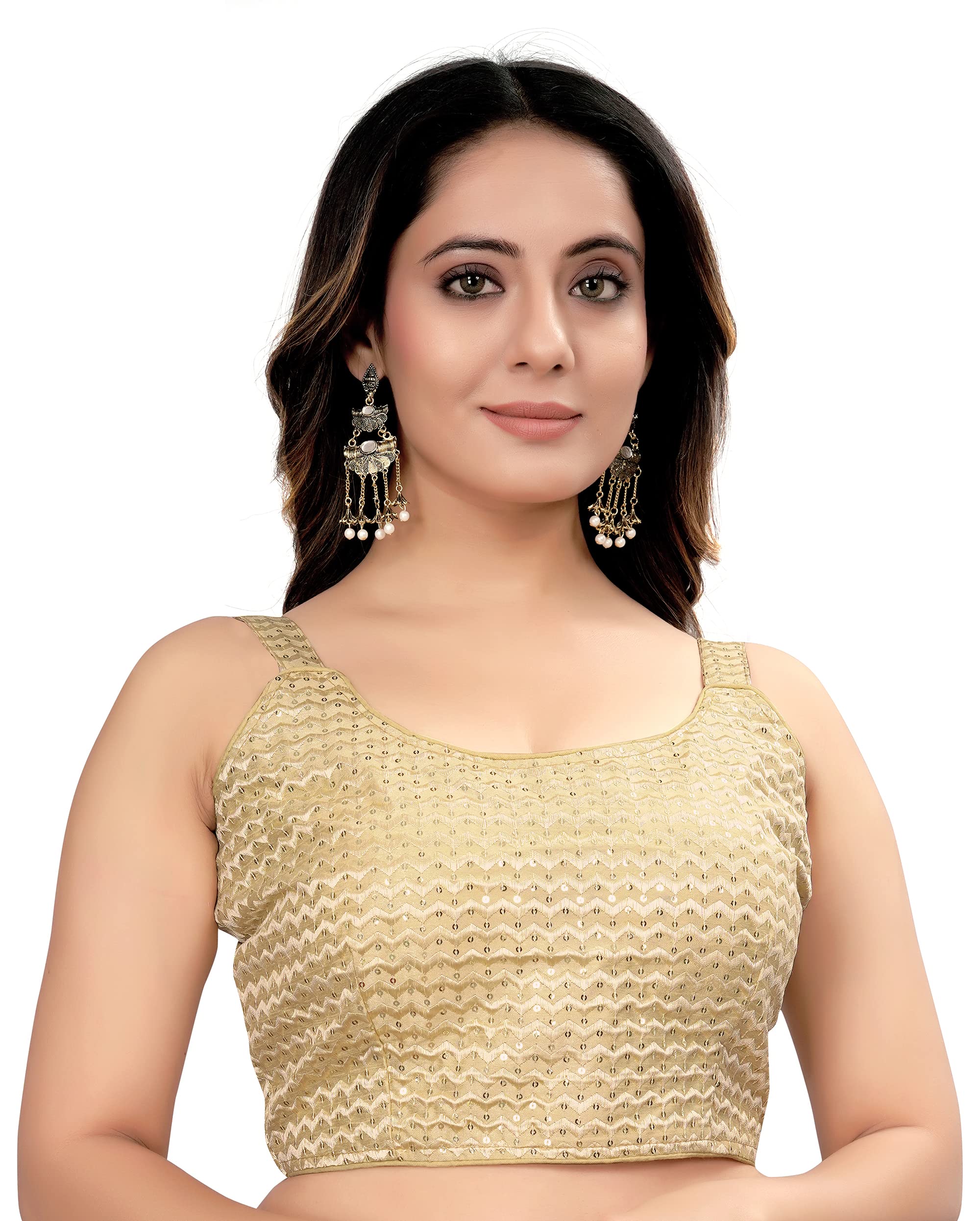 Pujia Mills Women's Zig Zag Multi Embroidery With Sequins Sleeveless Blouse(Sun Gold)