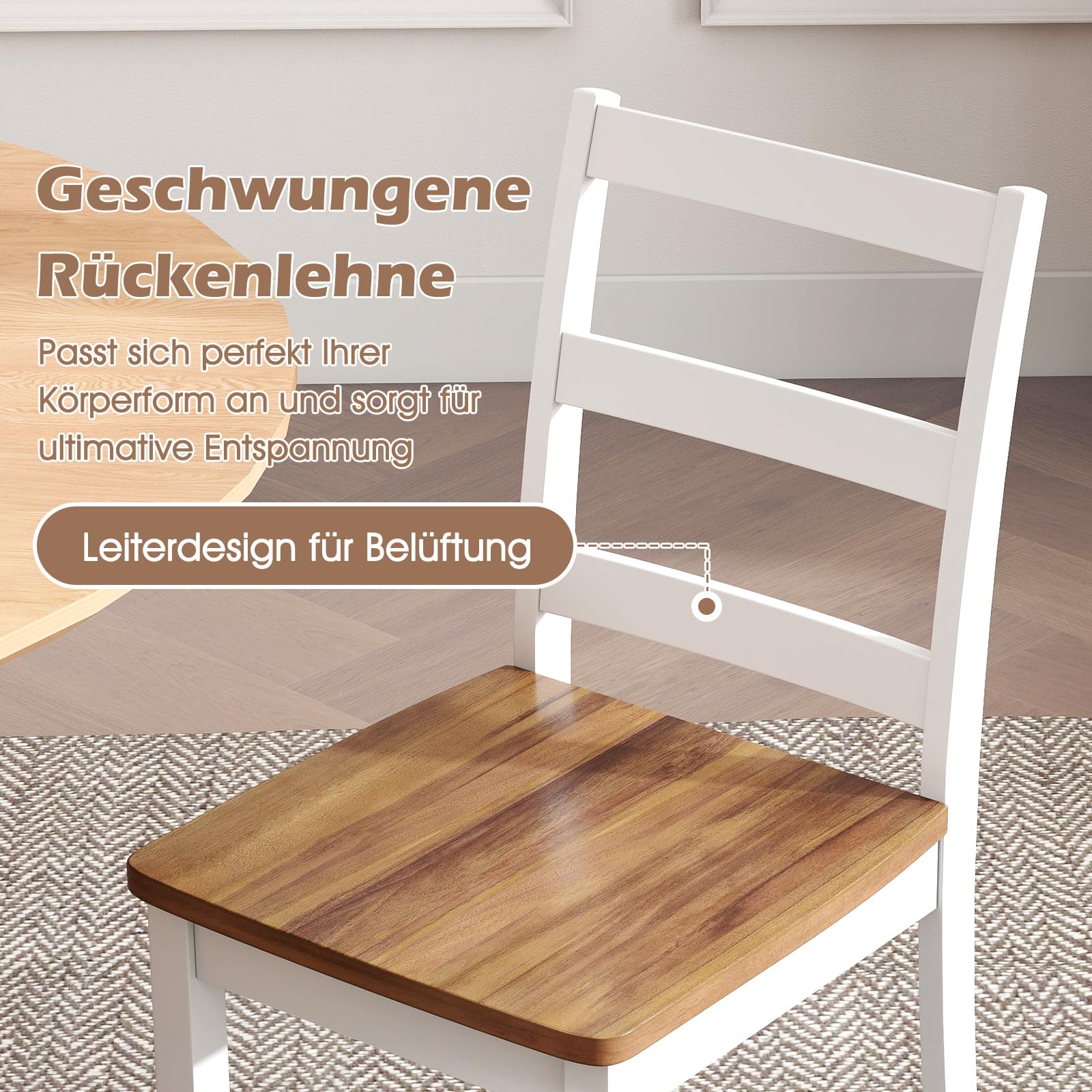 COSTWAY Esszimmerstühle 2er Set, Küchenstühle Holz, Esstisch Stühle, Holzstühle bis 190 kg belastbar, für Esszimmer, Küche (Braun + Weiß)