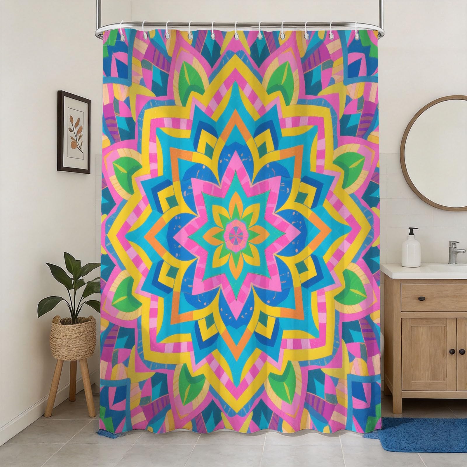 Hongduo 3D Mandala Pattern Shower Curtain for Stalls Bathtubs Geometric Pattern Bathroom Decor Shower Curtain Set Polyester Fabric Waterproof 200x200cm/79X79 Inch with Hooks