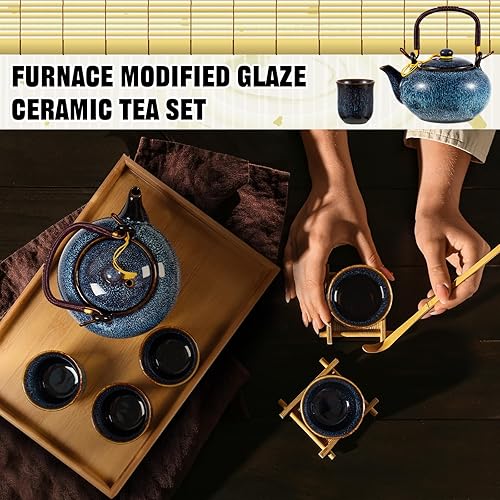 Miniatura 4 de Juego de té asiático en caja de regalo, juego de té japonés con 1 tetera, 6 tazas de té, 1 bandeja de té, tradicional, azul, portátil, japonés,