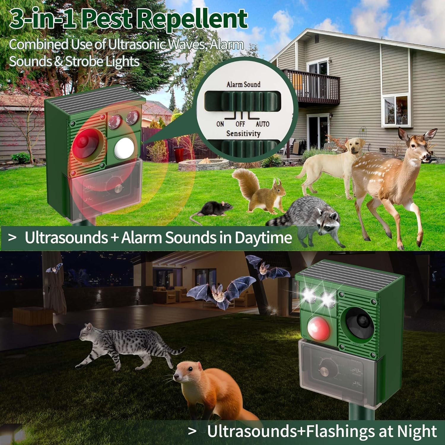 XIAXIA 2X Solar Ultrasónico Repelente para Gatos,Repelente Ultrasónico Animales Solar y USB,Ultrasónico Ahuyentador para Perros Ratones con LED Que Destella/Pare Gatos/Ratas/Perros
