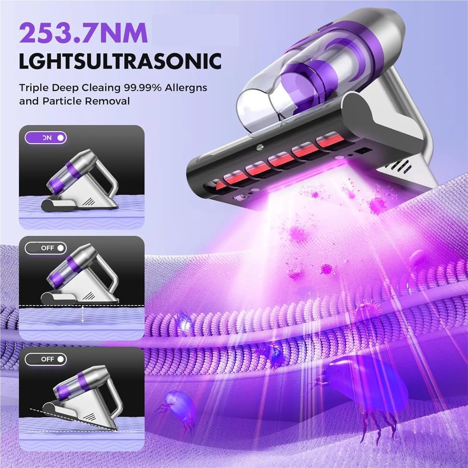 Aspirador de colchones, Aspiradora De Cama, Colchones con Ultrasonidos, Succión 16 KPa, Almohadas Y Alfombras, 500 W (con Cable) para Cama(Black)