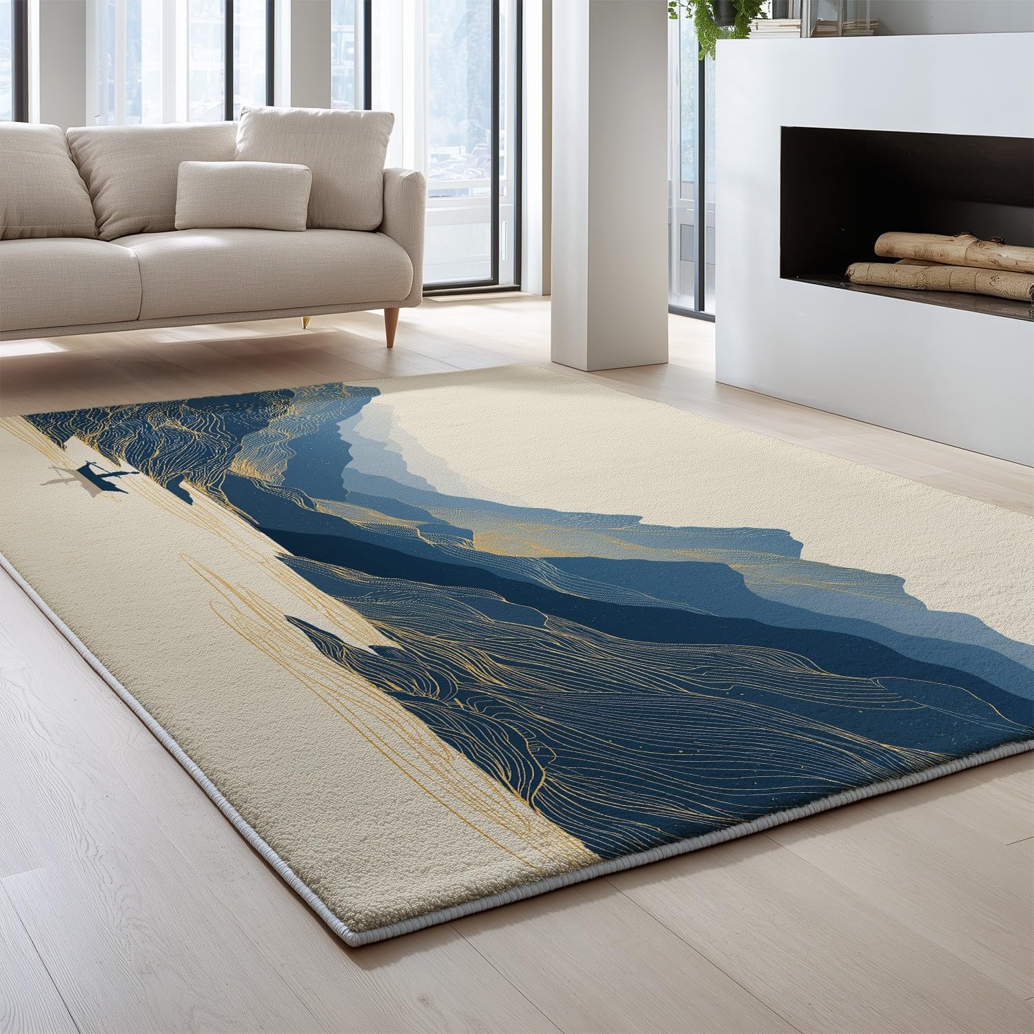 Generico 140 x 200 cm Dywan do salonu z krótkim włosiem, minimalistyczny elegancki spokojny dywan do sypialni, zmywalne dywaniki antypoślizgowe do salonu salonu, łatwy do czyszczenia, beżowy niebieski