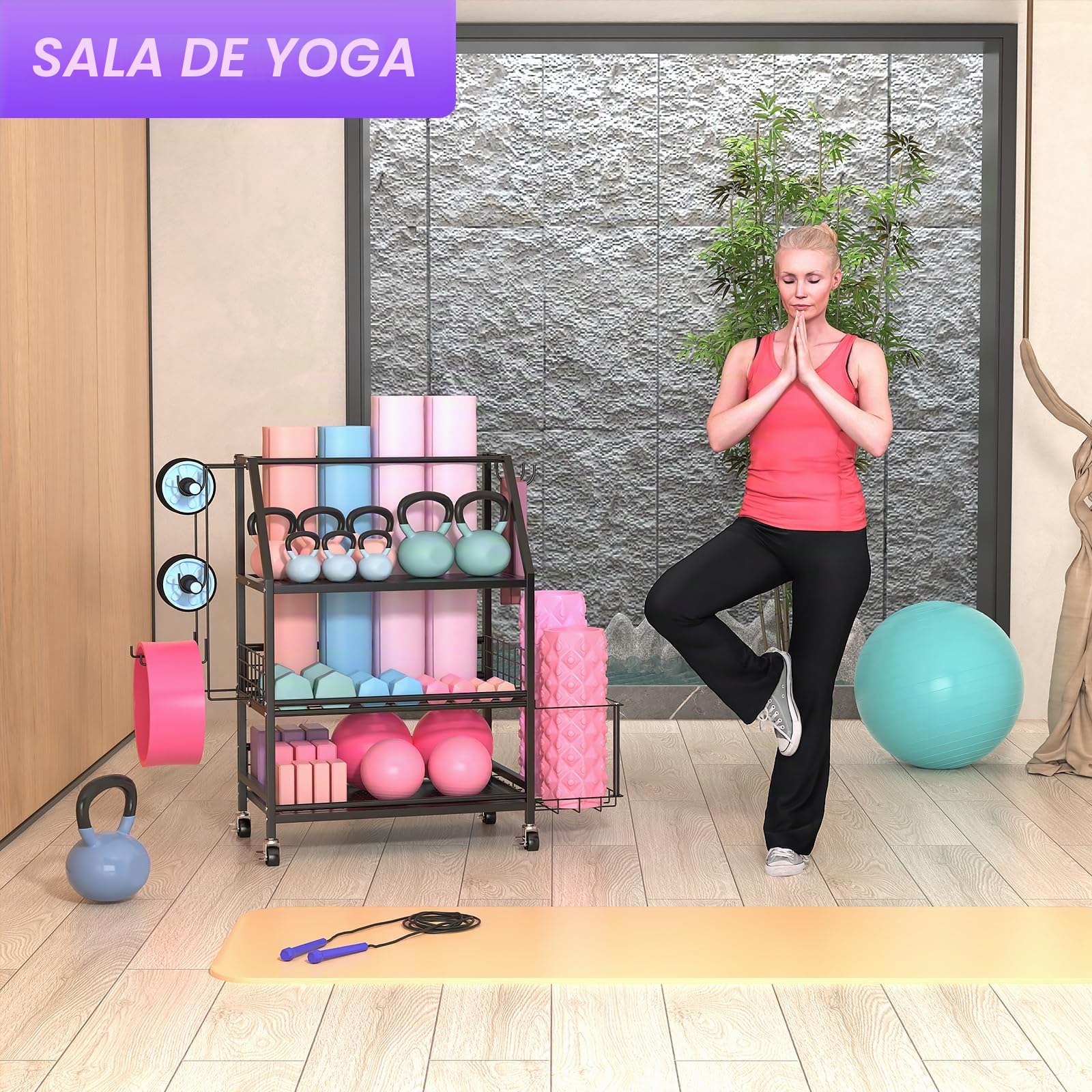 Soporte Para Pesas Gym En Casa, Organizador Gimnasio, Soporte Kettlebell, Para Rodillos De Espuma, Esterillas De Yoga, Mancuernas, Pesas Rusas, Con Ganchos y Ruedas Con Cerradura