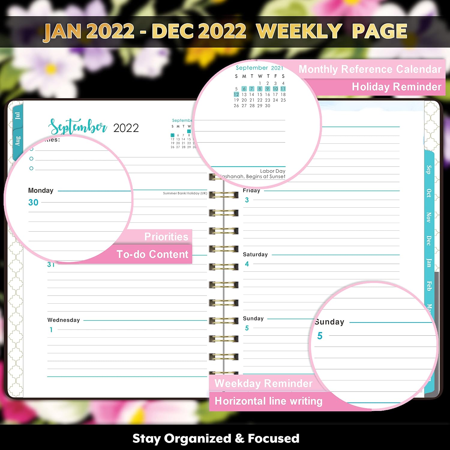 2022 Planner - Weekly Monthly Planner 2022 with Tabs, Planner 2022 with Elastic Closure, 6.4'' x 8.5'' 12 Monthly Planner with Inner Pocket, Hard Cover
