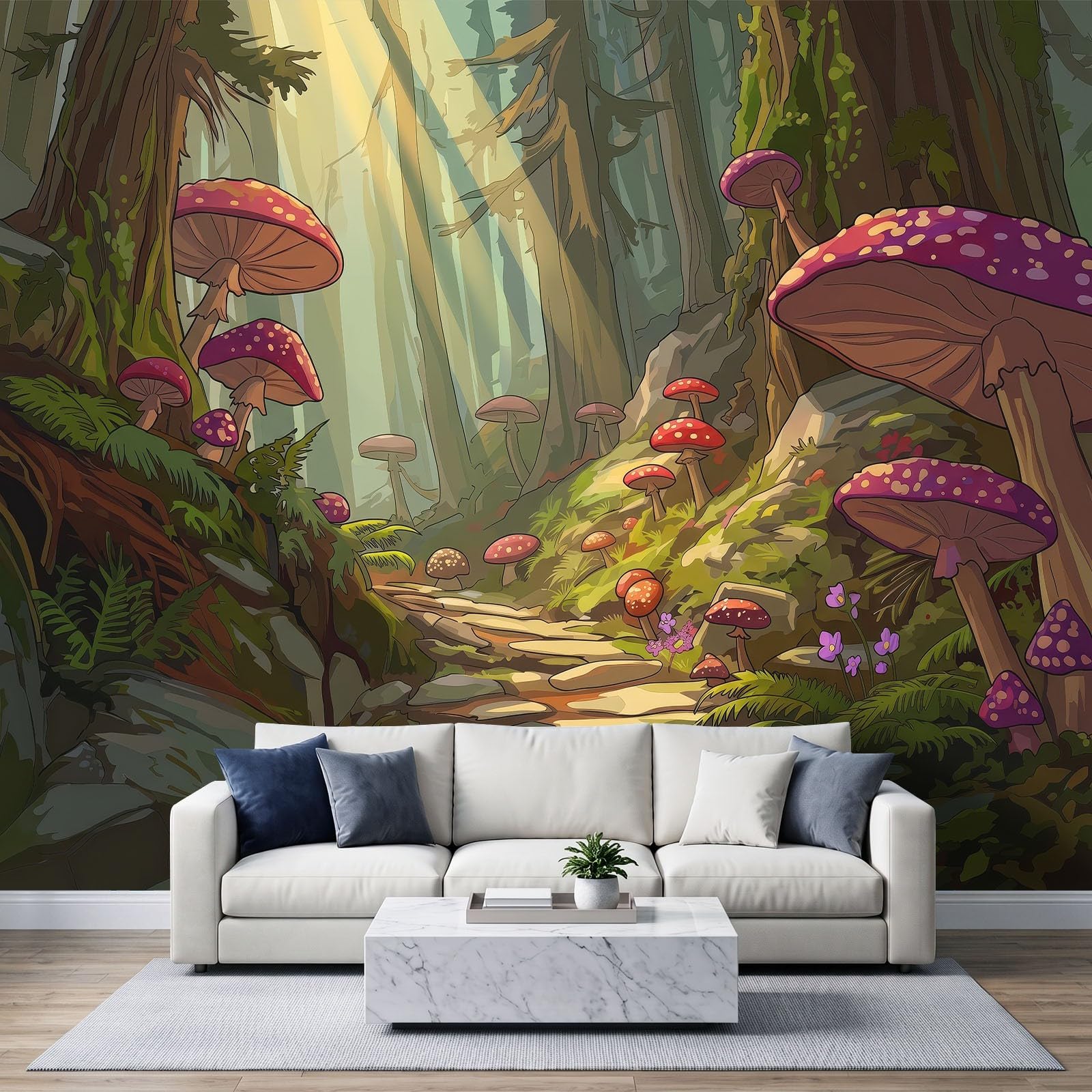 Panoramiczna tapeta 350x256, ilustracja Fantastyczna bajka Fototapeta z włókniny gobelin plakat ścienny do salonu dekoracja ścienna do sypialni, dzieci zaczarowany las grzyby