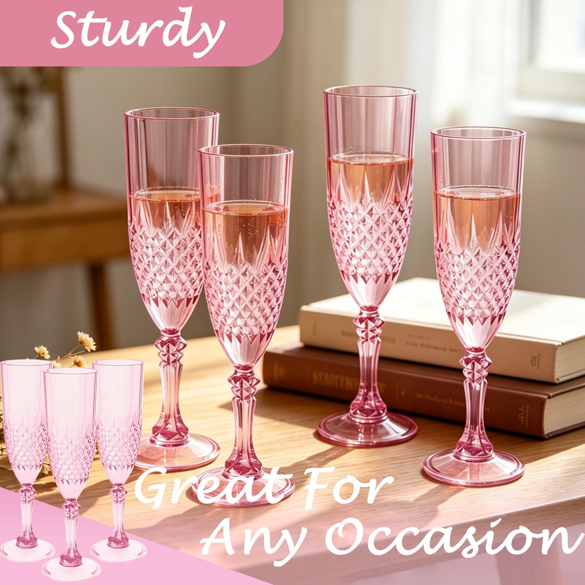 Flute da champagne in plastica, 24 calici da vino in plastica rosa, infrangibili, riutilizzabili, per matrimoni, feste di addio al celibato, brindisi ed eventi (24, rosa)