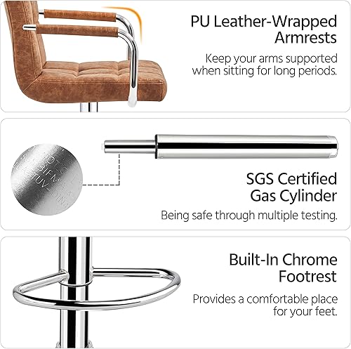 Miniatura 5 de Topeakmart Juego de 2 taburetes de cuero sintético con altura de asiento ajustable con respaldo y brazos, taburete giratorio de 360 elegante, marrón