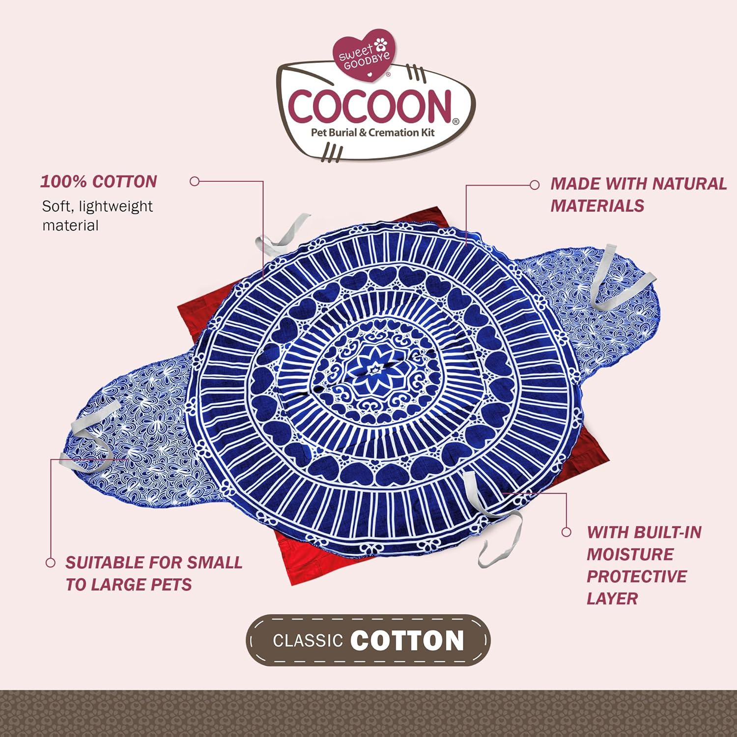 Cocoon® - Eco-Friendly Pet Burial & Cremation Ceremony Kit (Classic Cotton)- Casket for All Pets & Breeds - Dogs Cats Rabbits Birds & More (Choose Size & Color) (Small, Red/Blue