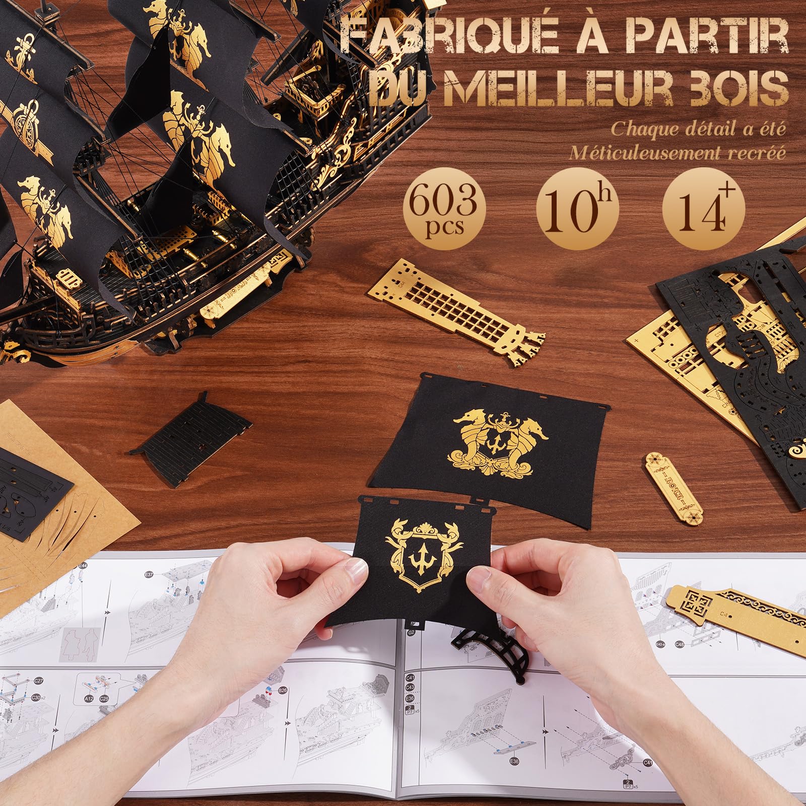ROKR Puzzle 3D Bois Barque Hippocampe MCB02 Maquette Bateau Adulte Construire Kit Modélisme Décoration Bureau Maison Cadeau Homme