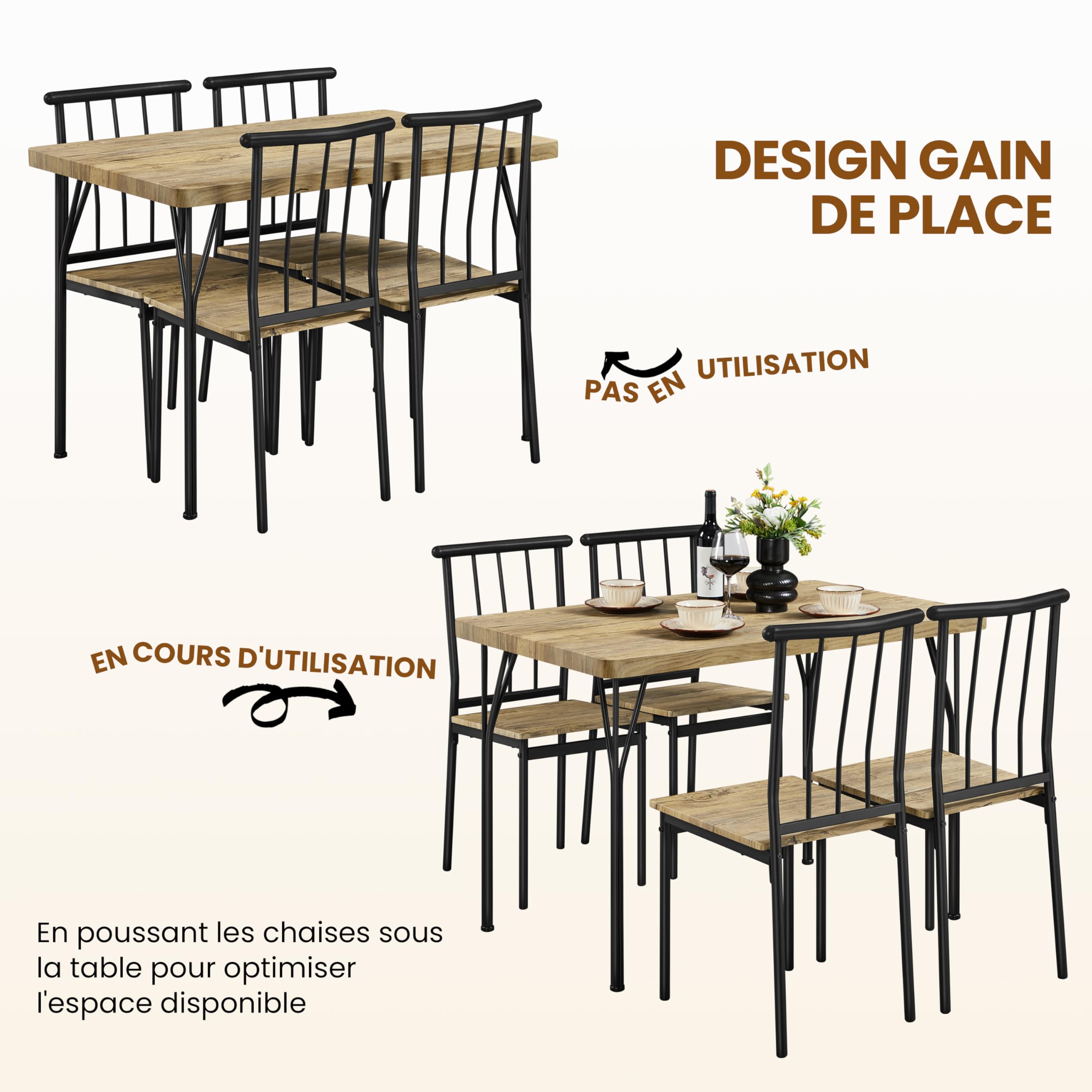Yaheetech Ensemble Table à Manger Meubles de Salle à Manger Table avec 4 Chaises en Bois et en Métal pour Cuisine Salle à Manger Bistro Jardin Appartement Studio Salon Brun