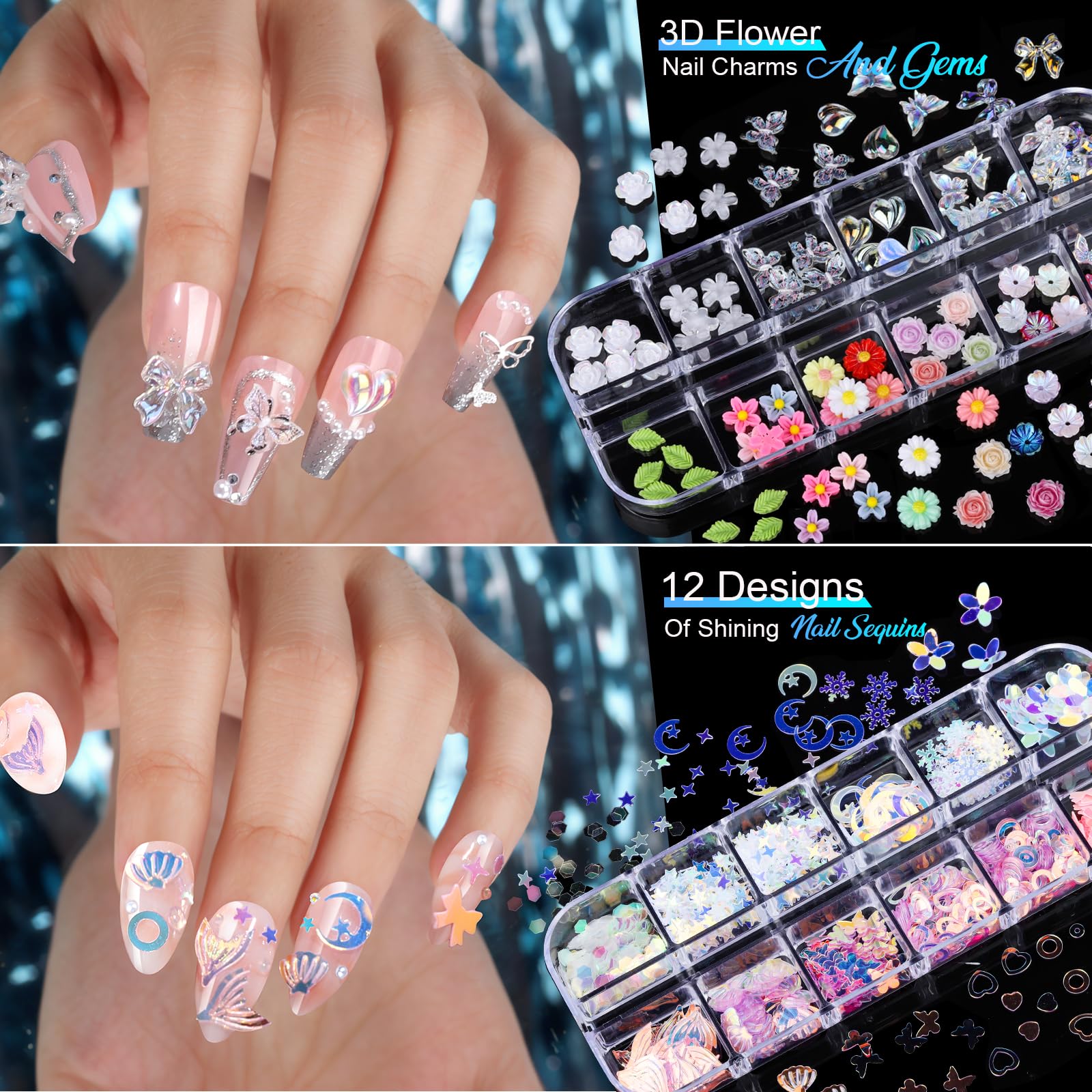 Dijes de uñas para kit de arte de uñas, 8 cajas de diamantes de imitación para uñas, perlas para uñas con 20 hojas de calcomanías de arte de uñas, dijes de uñas dorados 3D y gemas suministros 5