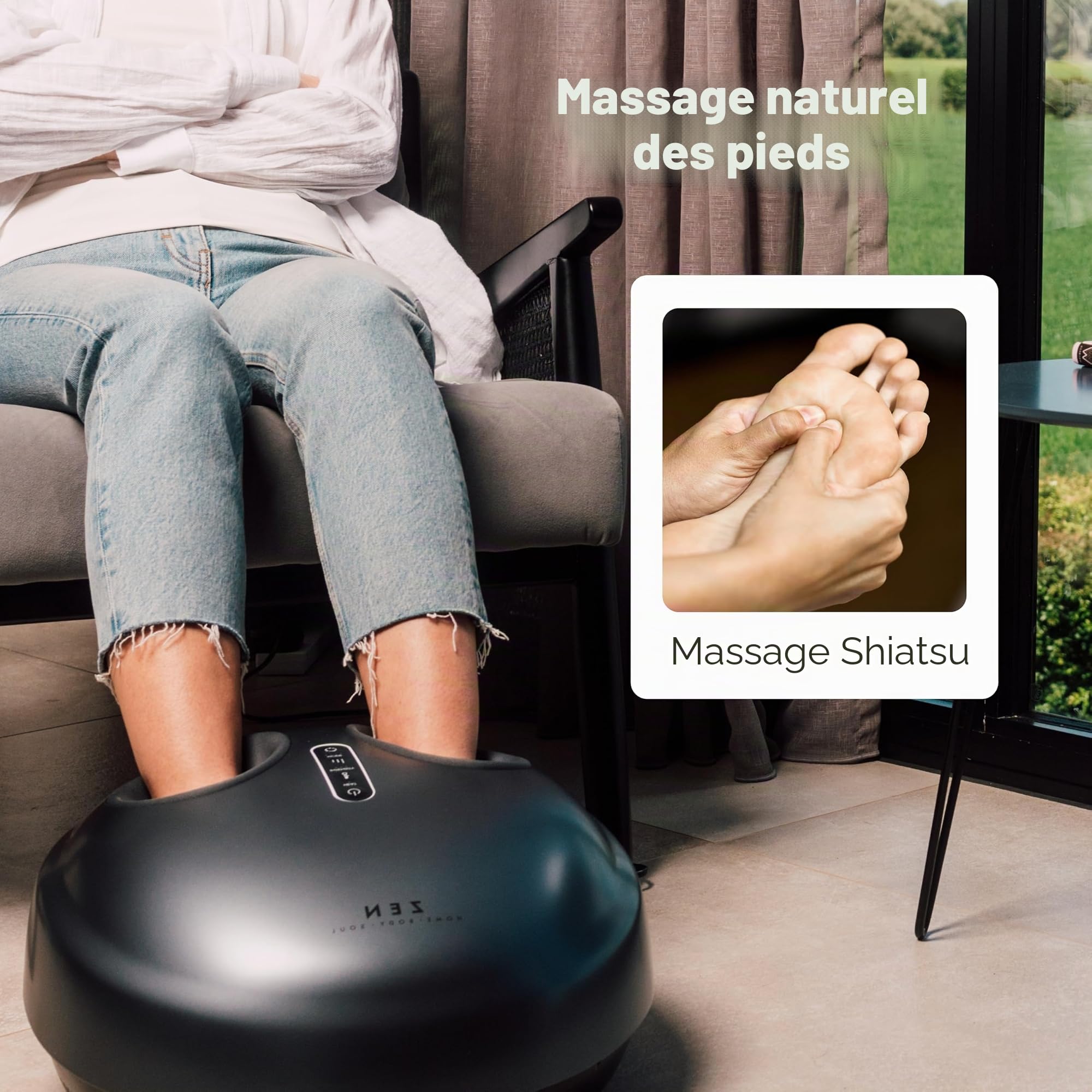 Masseur de Pieds Zen Macchu Picchu - 3 types de massage: Shaitsu, par roulement, par compression d'air - 3 intensités - Adapté aux pieds de grandes tailles - Chaleur apaisante