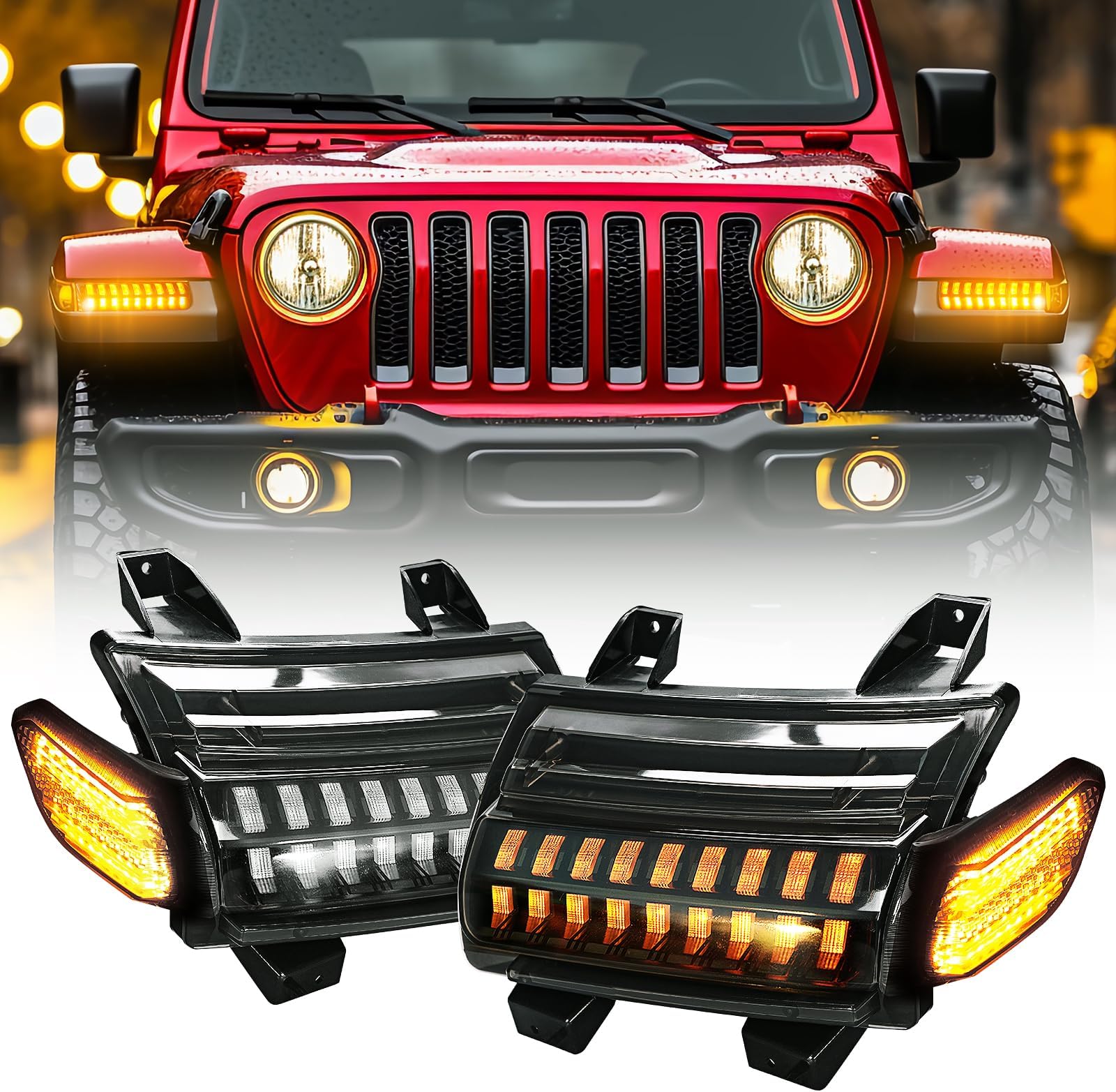 New Upgrade Smoke Lens LED Fender Light Kit for JL, LED Turn Signal Lights with DRL & Side Marker Lights Replacement for Jeep Wrangler JL 2018-2022