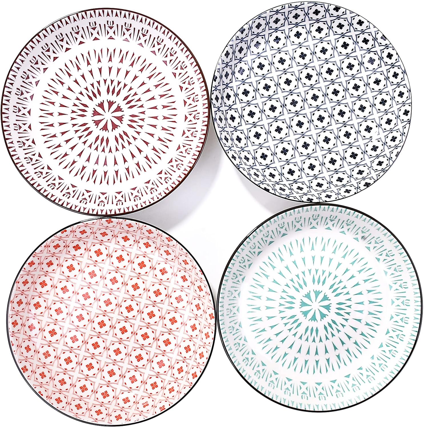 8 Inch Japanese Ceramic Plate Set of 4 Unique Assorted Designs Decorative Serving Dishes Premium Porcelain Salad Dessert and Appetizer Plates Microwave & Dishwasher Safe