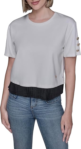 Karl Lagerfeld Womens Short Sleeve Pleated Border Crewneck Essential T-Shirt