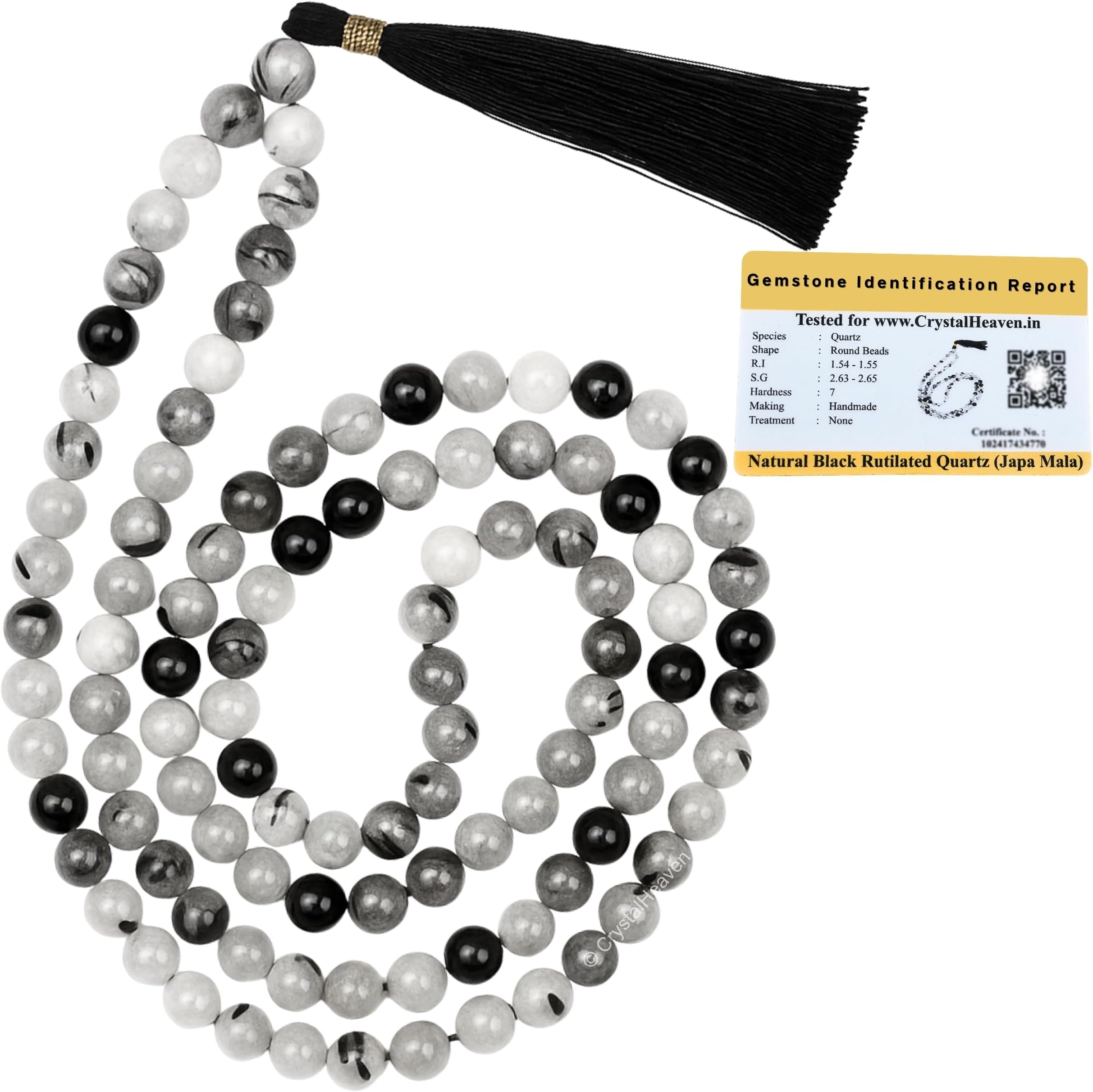 Certified Black Rutilated Quartz Crystal Japa Mala Saadi - 108 Beads Buddhist Prayer Beads - AAA Grade Original Healing Gemstone Agate Mala for Yoga Meditation Spiritual Reiki Feng Shui