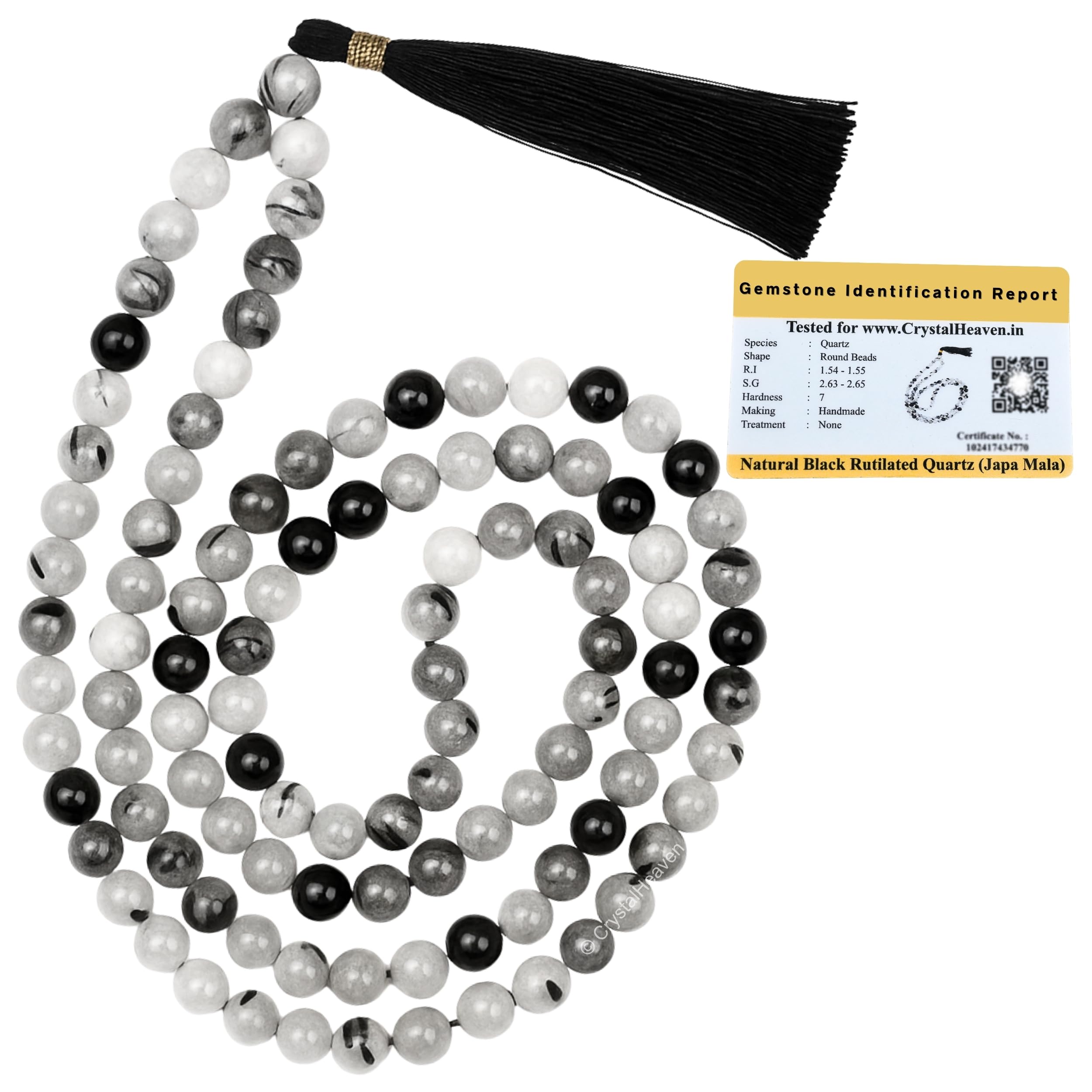 Certified Black Rutilated Quartz Crystal Japa Mala Saadi - 108 Beads Buddhist Prayer Beads - AAA Grade Original Healing Gemstone Agate Mala for Yoga Meditation Spiritual Reiki Feng Shui