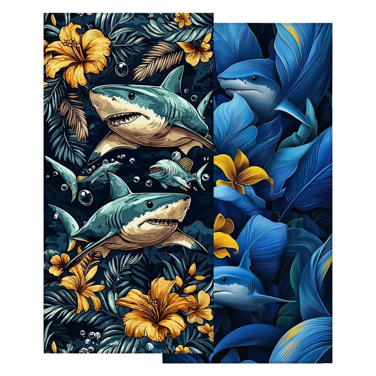 Toalla Playa 100x220 cm, Toalla Gimnasio Microfibra Secado Rapido, Juego de 2 Antiarena Toallas de Playa, Ligera Compacta Toallas Microfibra Grande para Viaje, Regalo Hombre Mujer (Tiburón) -5093
