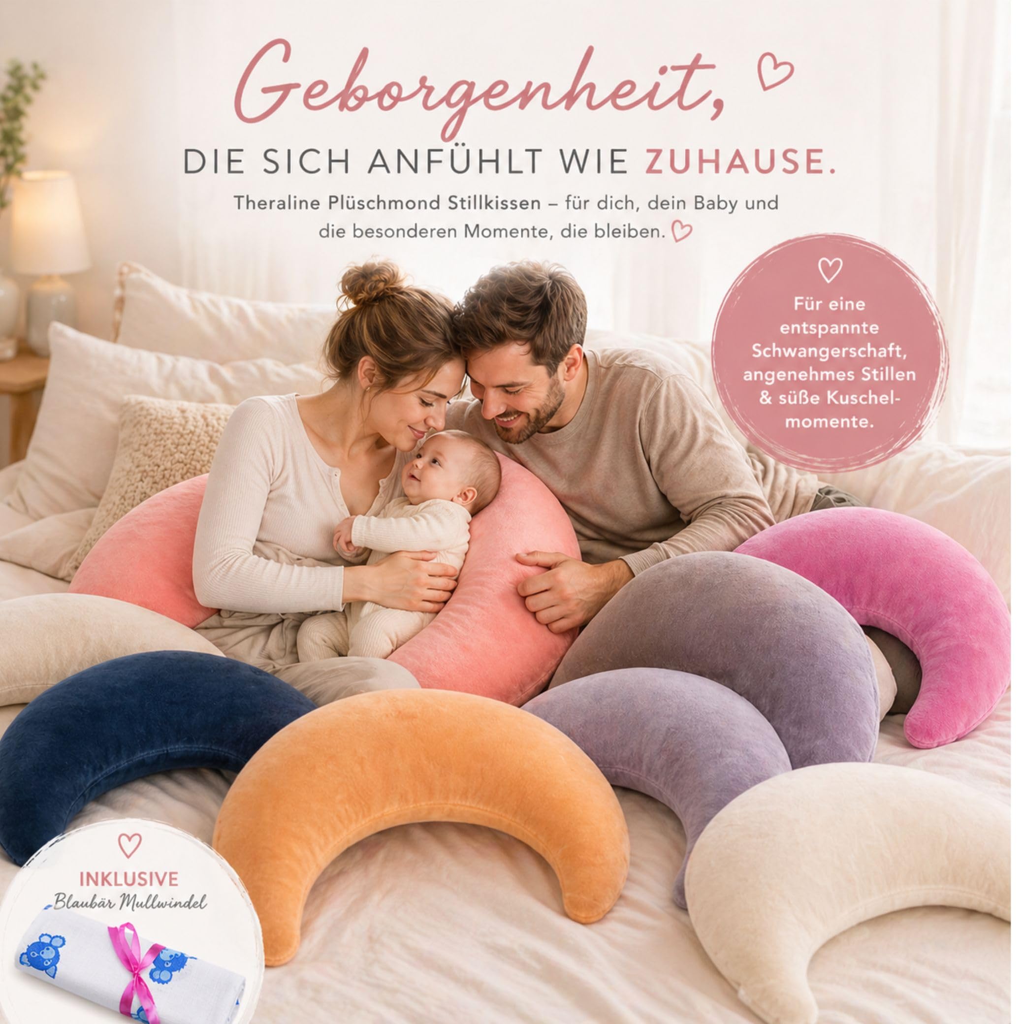 Set Theraline Plüschmond Stillkissen, Bauchstützkissen & Spucktuch Blaubär | Schmusekissen und Lesekissen | Kopf- und Nackenkissen | kein Rascheln durch Perlen | gefüllt mit Perlen
