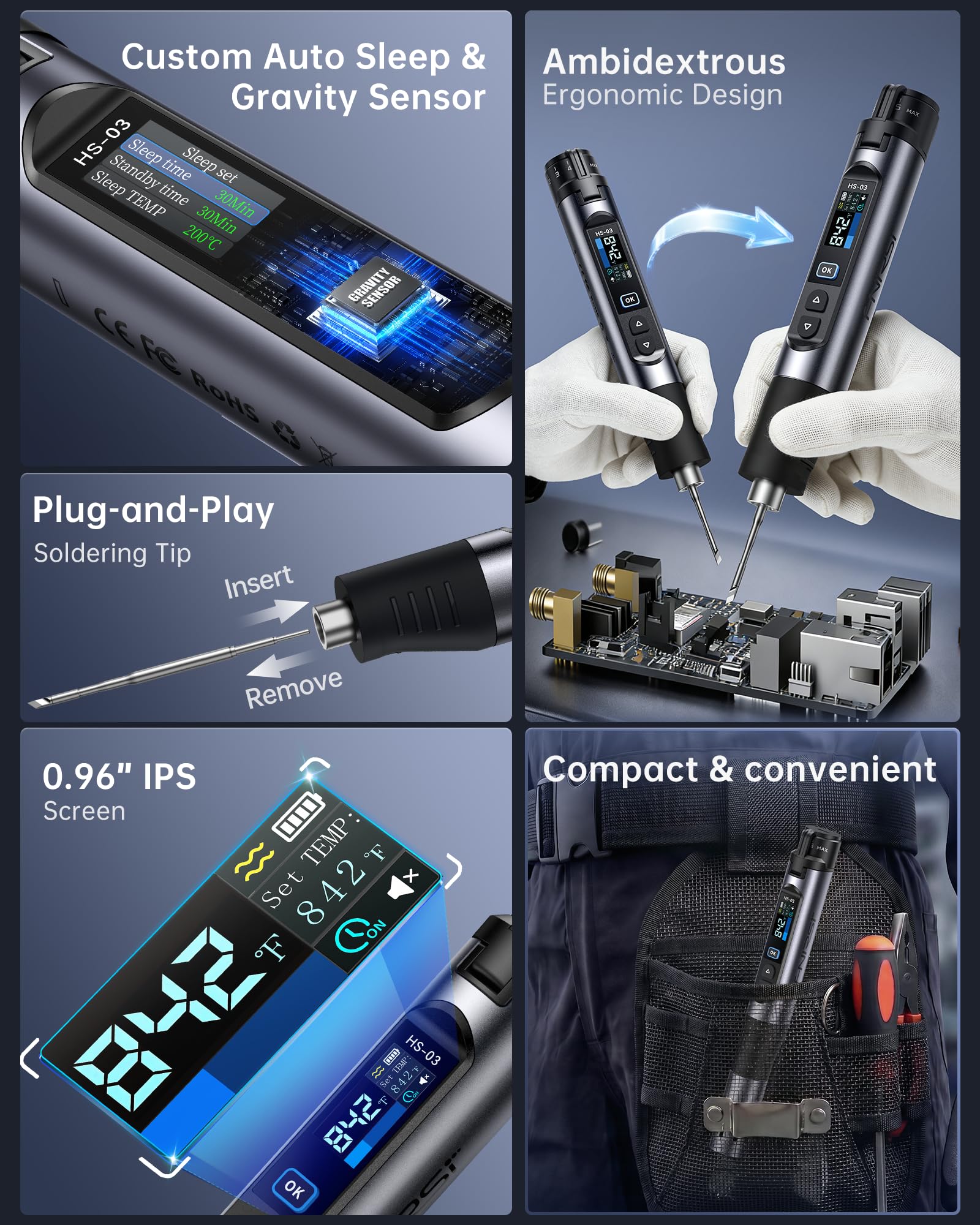 FNIRSI Kit de soldador inalámbrico HS-03, batería desmontable de 2600 mAh, 100.0-450.0 °C, ajuste de temperatura de 5 niveles, calor rápido de 3 segundos, pantalla IPS de 0.96 pulgadas, apagado