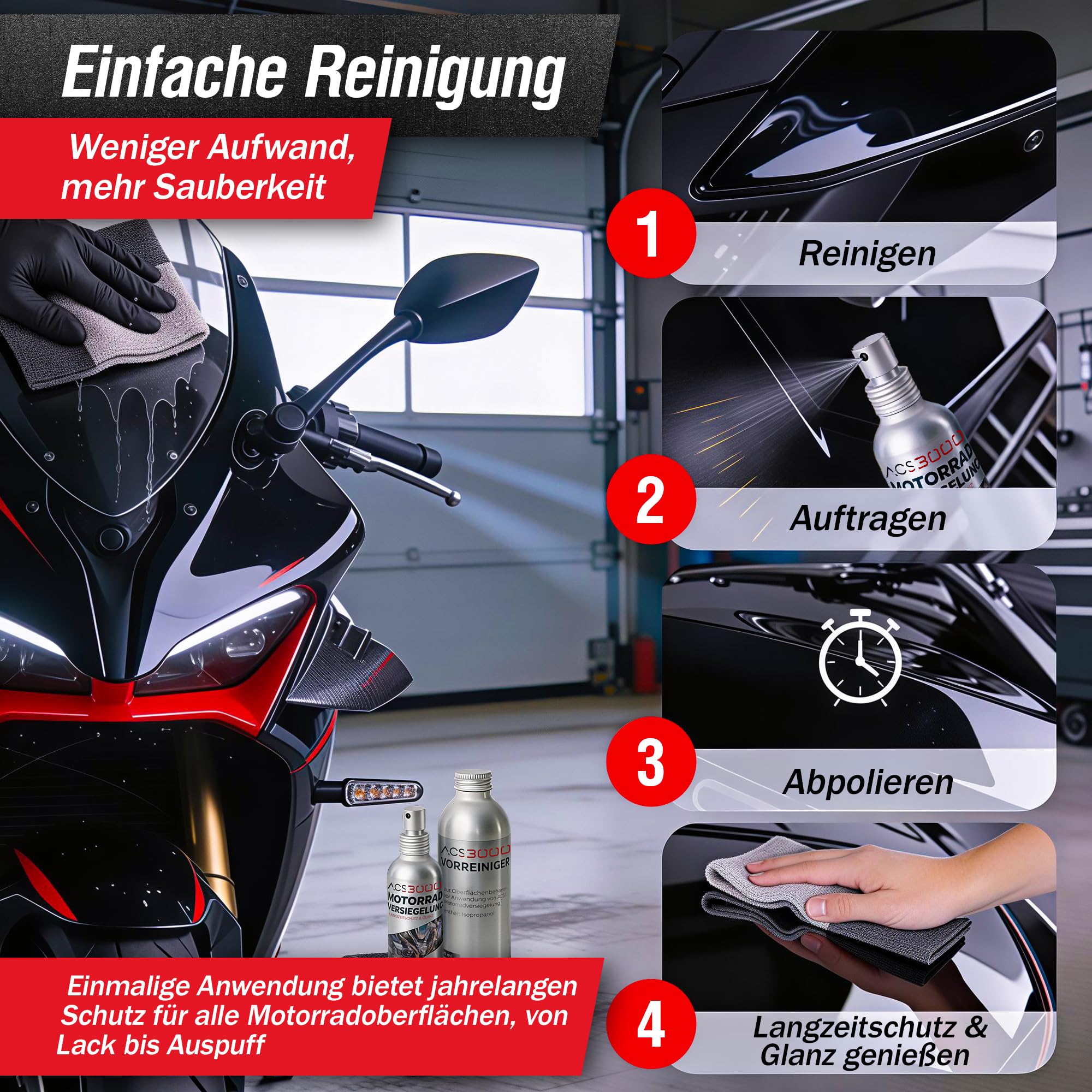 Motorrad-Versiegelung Set, Langzeitschutz & Glanz, UV-Schutz, Reinigungsset mit Mikrofasertüchern