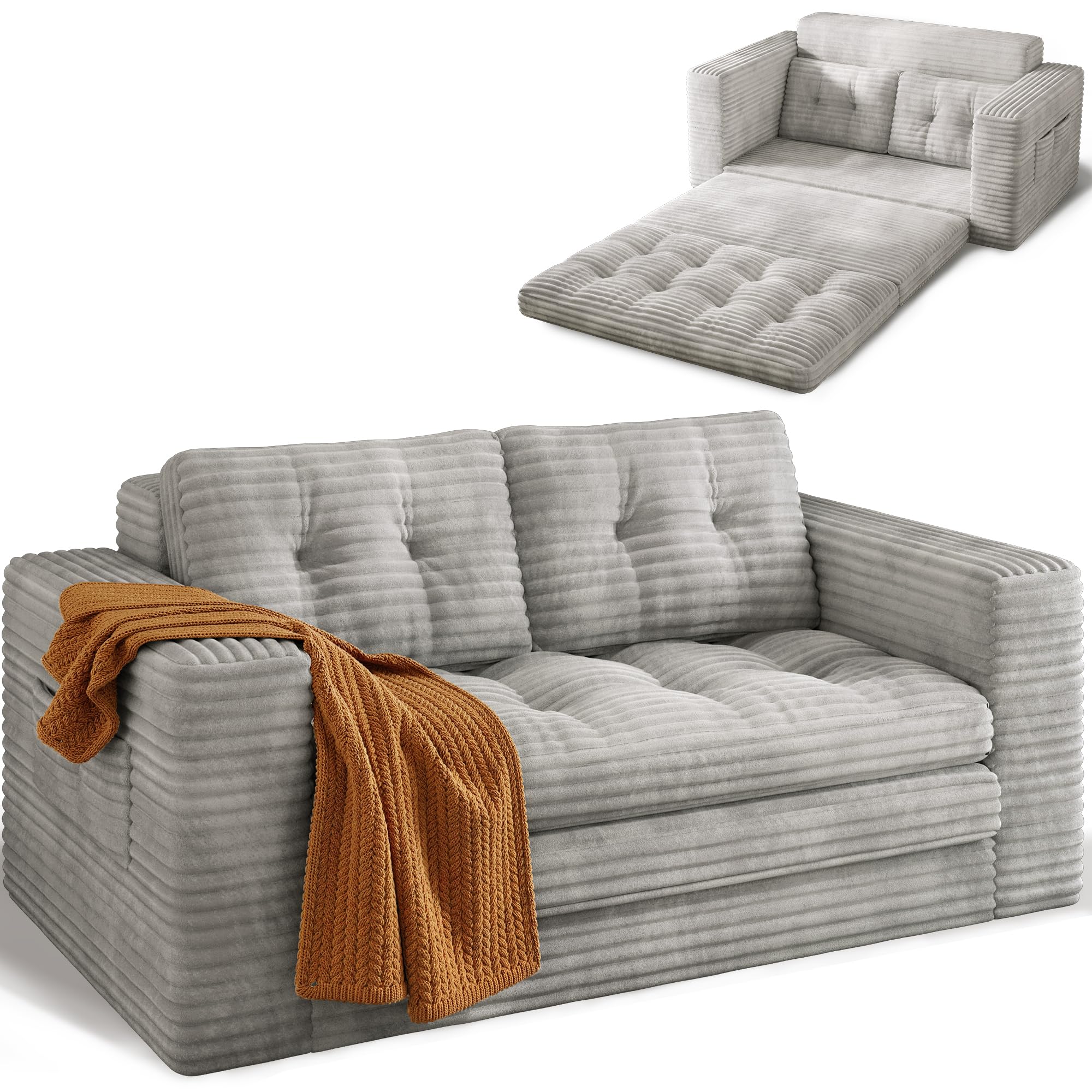 Xbro Sofa Cama 2 Plazas, Sillón Cama Convertible 3 en 1, Sofa Comprimido para Sala de Estar, Tela de Pana, 150 x 86 x 75cm, Gris Claro