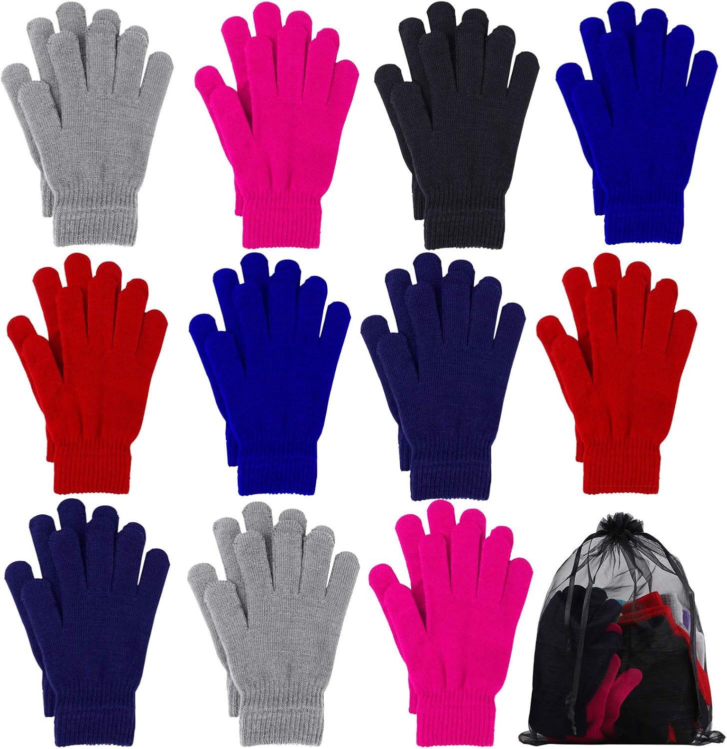Cooraby 12 Pairs Winter Magic Gloves Stretchy Warm Knit Gloves with Mesh Storage Bag for Men or Women