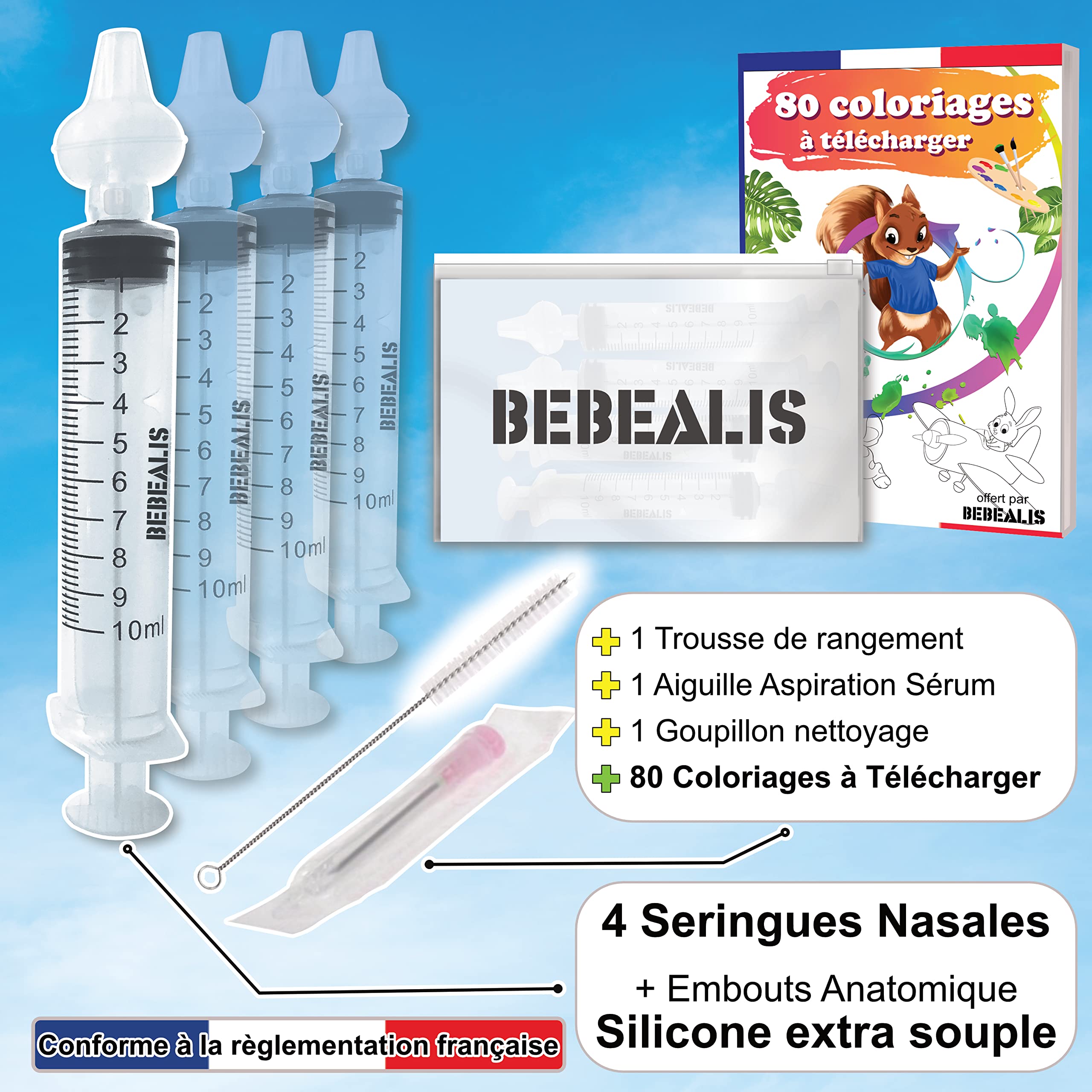 Mouche Bebe | Seringue Nasale Bébé [Normes NF] + Embouts Seringues Silicone + 1 Pointe Pipette Serum Physiologique | Trousse Soin Irrigateur Nez Enfant et Nourrisson (Pack x4 + 80 Coloriages)