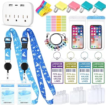 Carnival Cruise Ship Essentials 2026, Cruise Essentials Kit Include Non-Surge Power Strip, Magnetic Hooks, Cruise Lanyards, Luggage Tags, Clothline, Phone Pouch, Clips, Travel Pouches for Toiletries