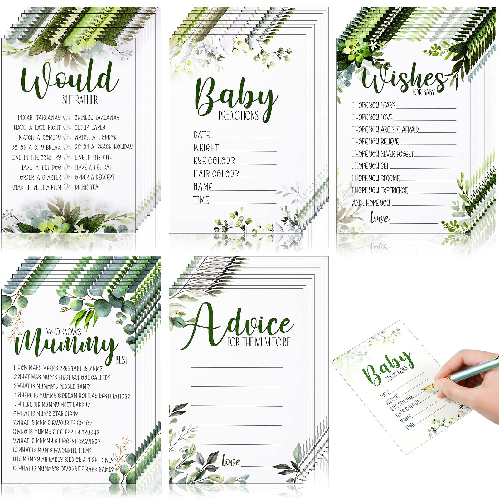 Sinmoe 50 Pcs Botanical Design Shower Games for 10 Guests 5 in 1 Gender Reveal Games Shower Advice Cards for Party Accessories