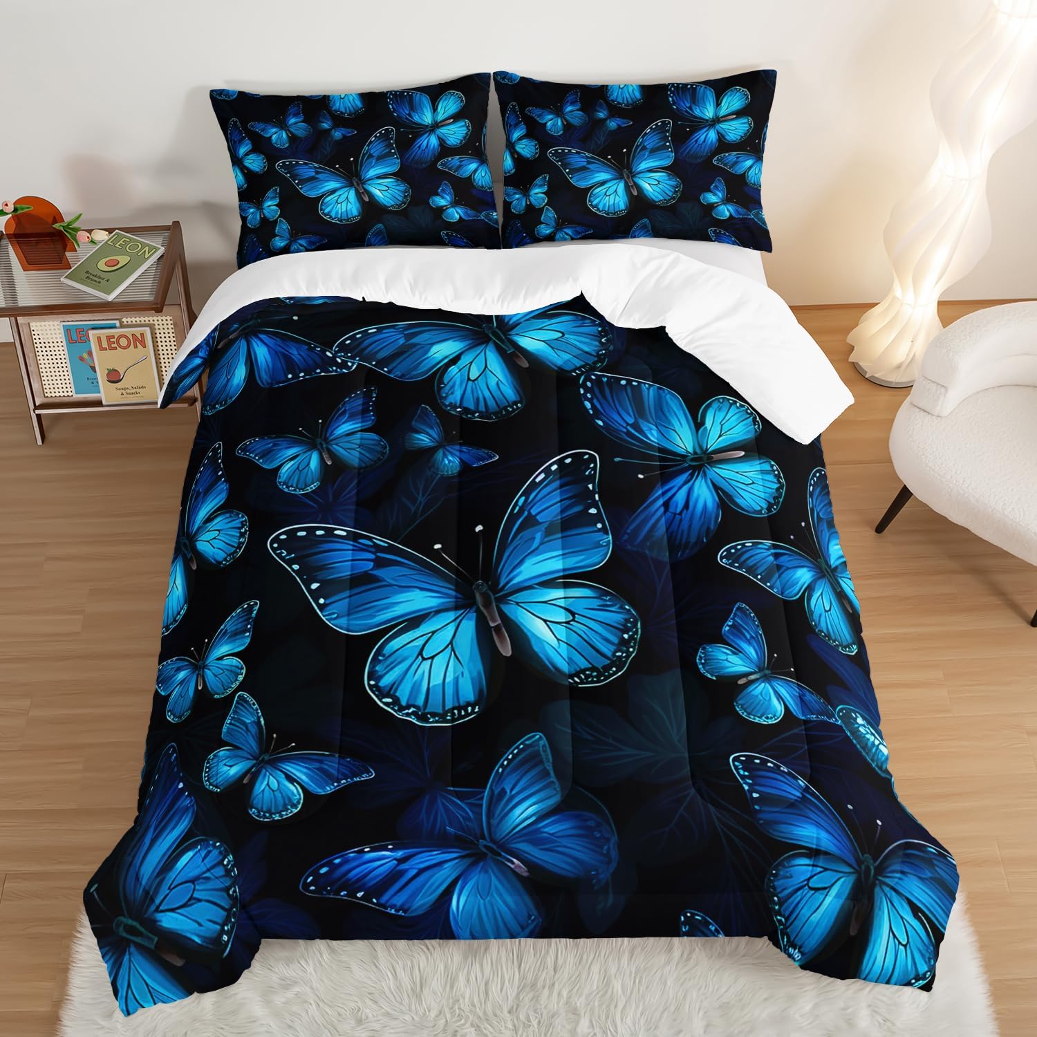 Dream Blue Butterfly Comforter Set Queen Size with 2 Pillowcases. image 3